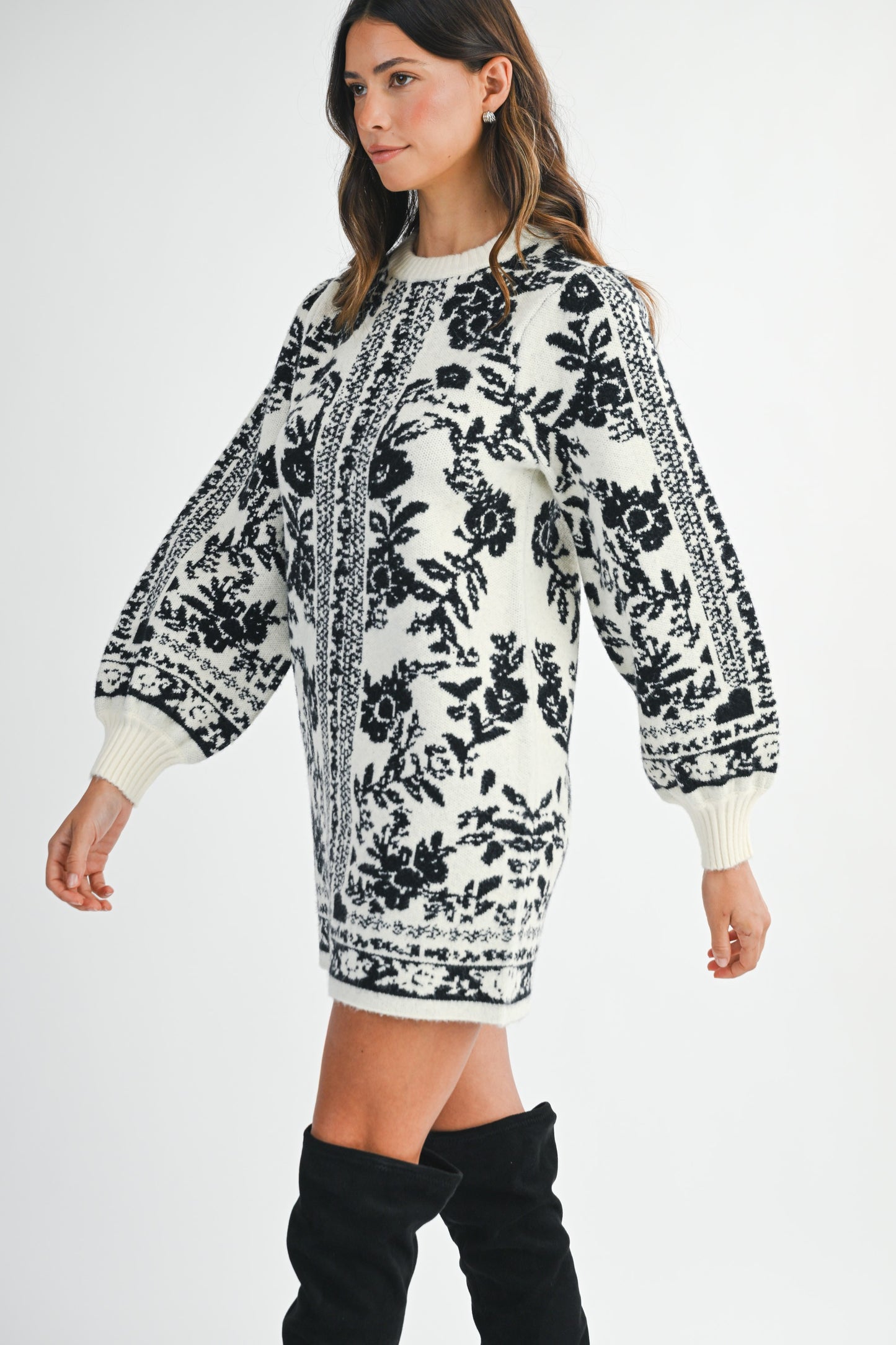 Jacquard Print Sweater Knit Mini Dress - Cream