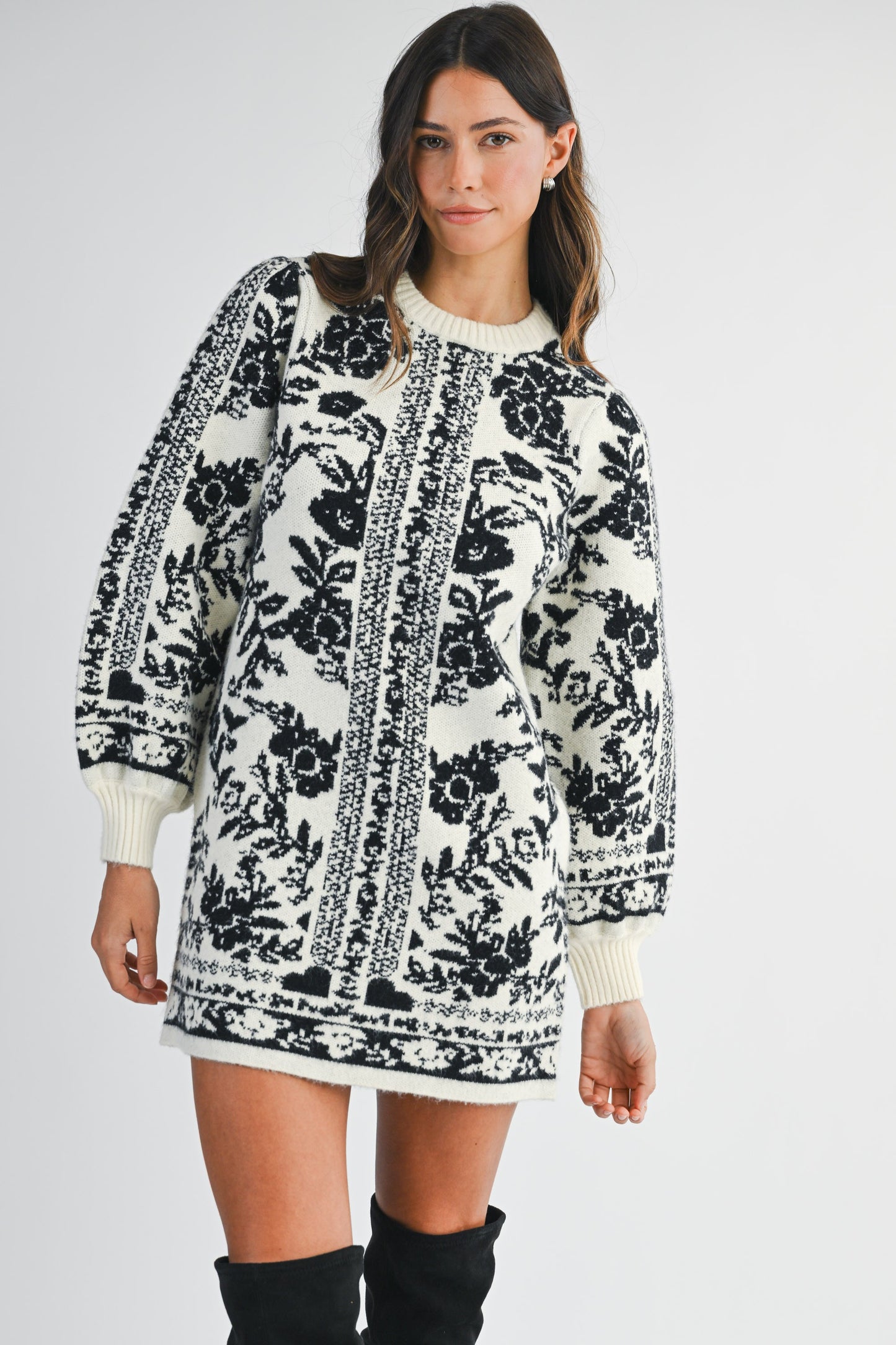 Jacquard Print Sweater Knit Mini Dress - Cream