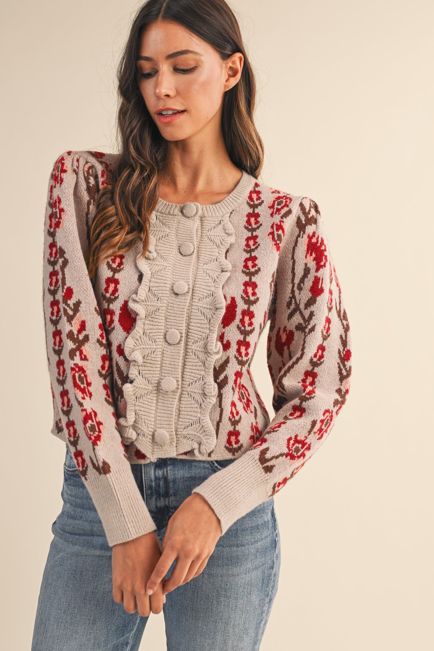 Vertical Floral Puff Sleeve Knit Cardigan - Oatmeal