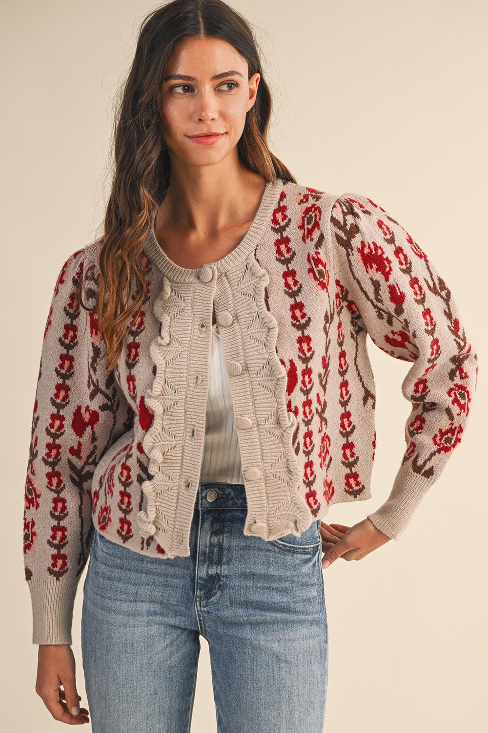 Vertical Floral Puff Sleeve Knit Cardigan - Oatmeal