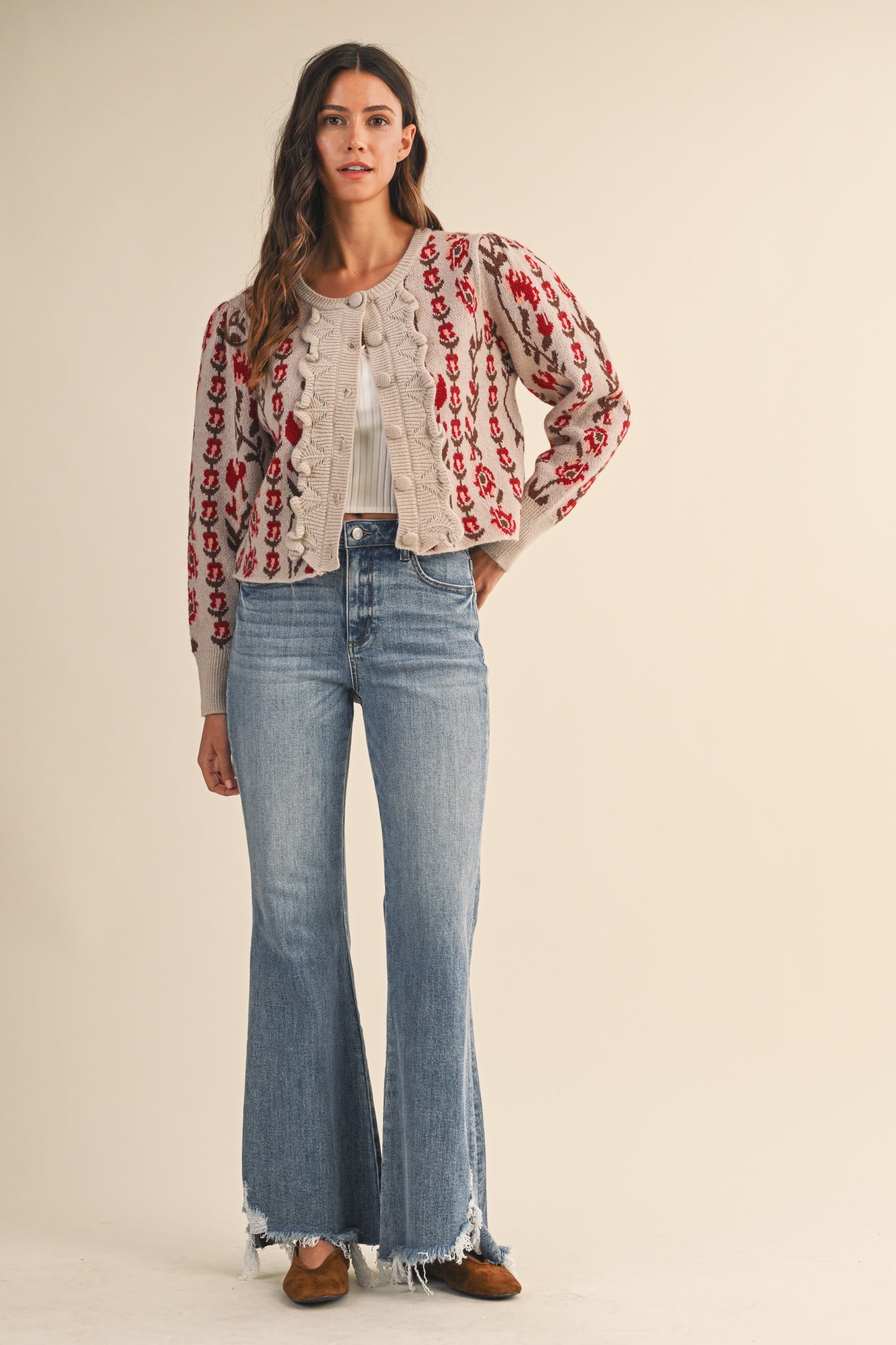 Vertical Floral Puff Sleeve Knit Cardigan - Oatmeal