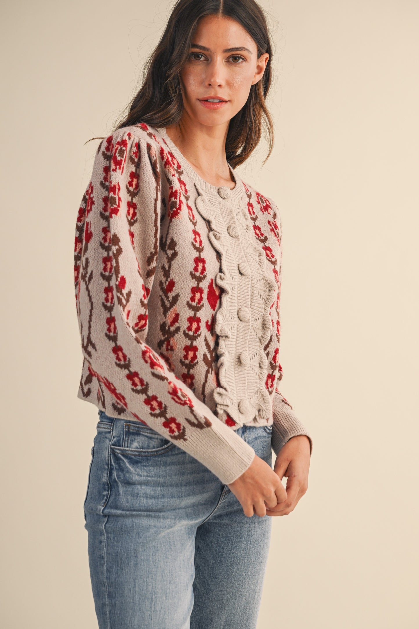 Vertical Floral Puff Sleeve Knit Cardigan - Oatmeal