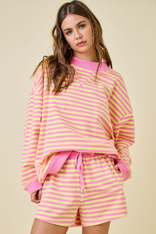 Mock Neck Striped Terry Lounge Sweatshirt - Pink Lemonade