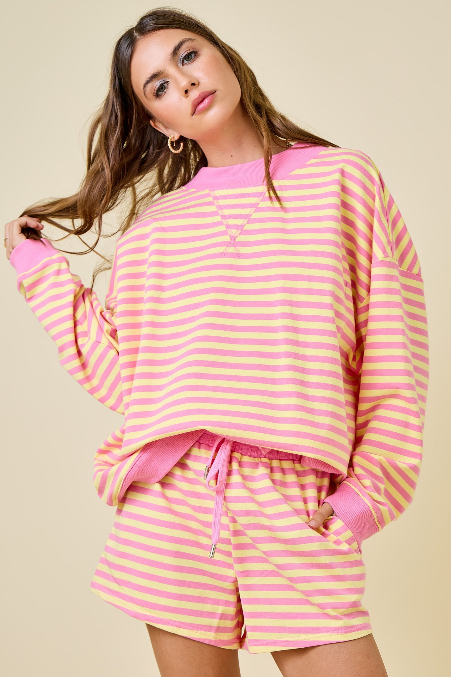 Mock Neck Striped Terry Lounge Sweatshirt - Pink Lemonade