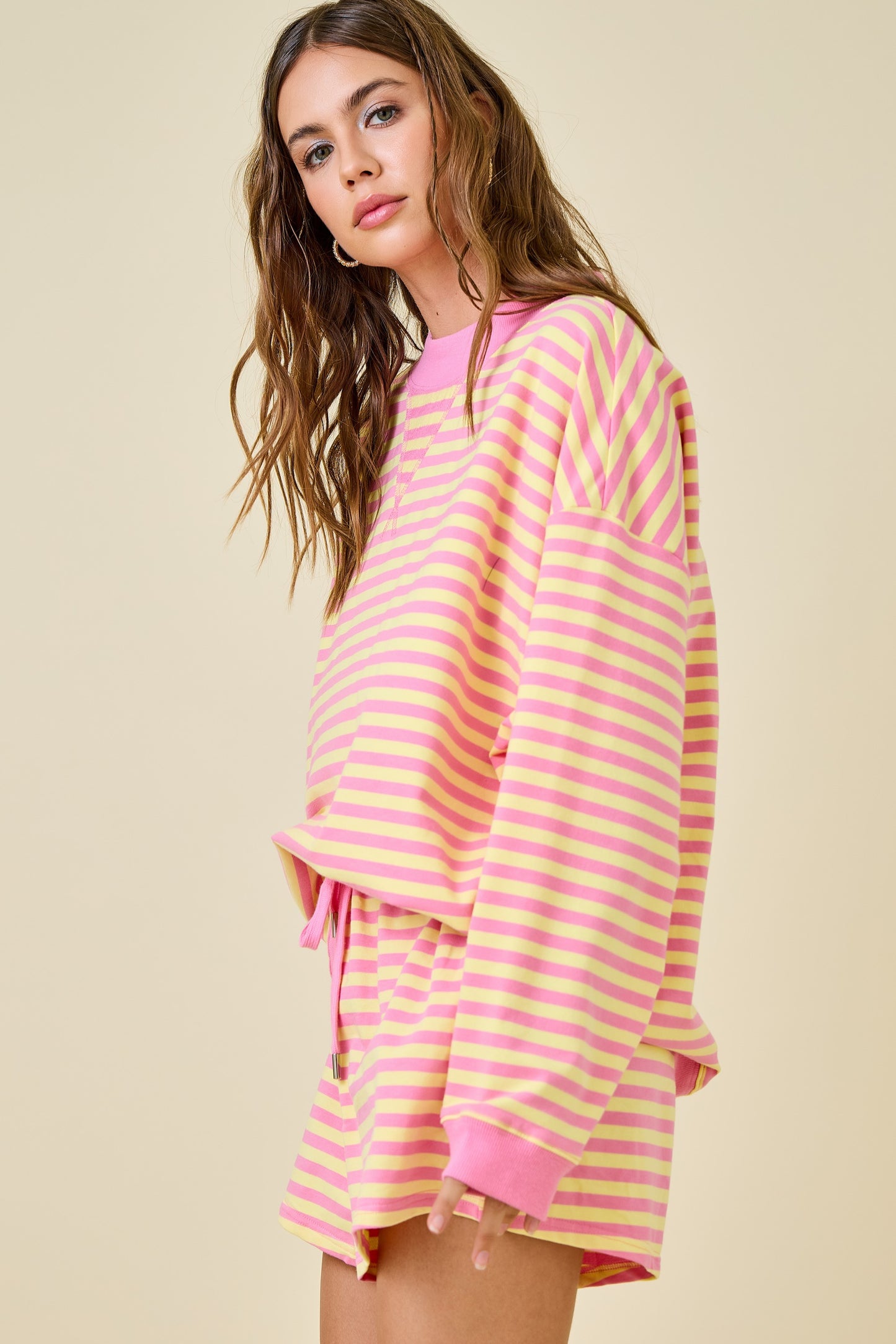 Mock Neck Striped Terry Lounge Sweatshirt - Pink Lemonade