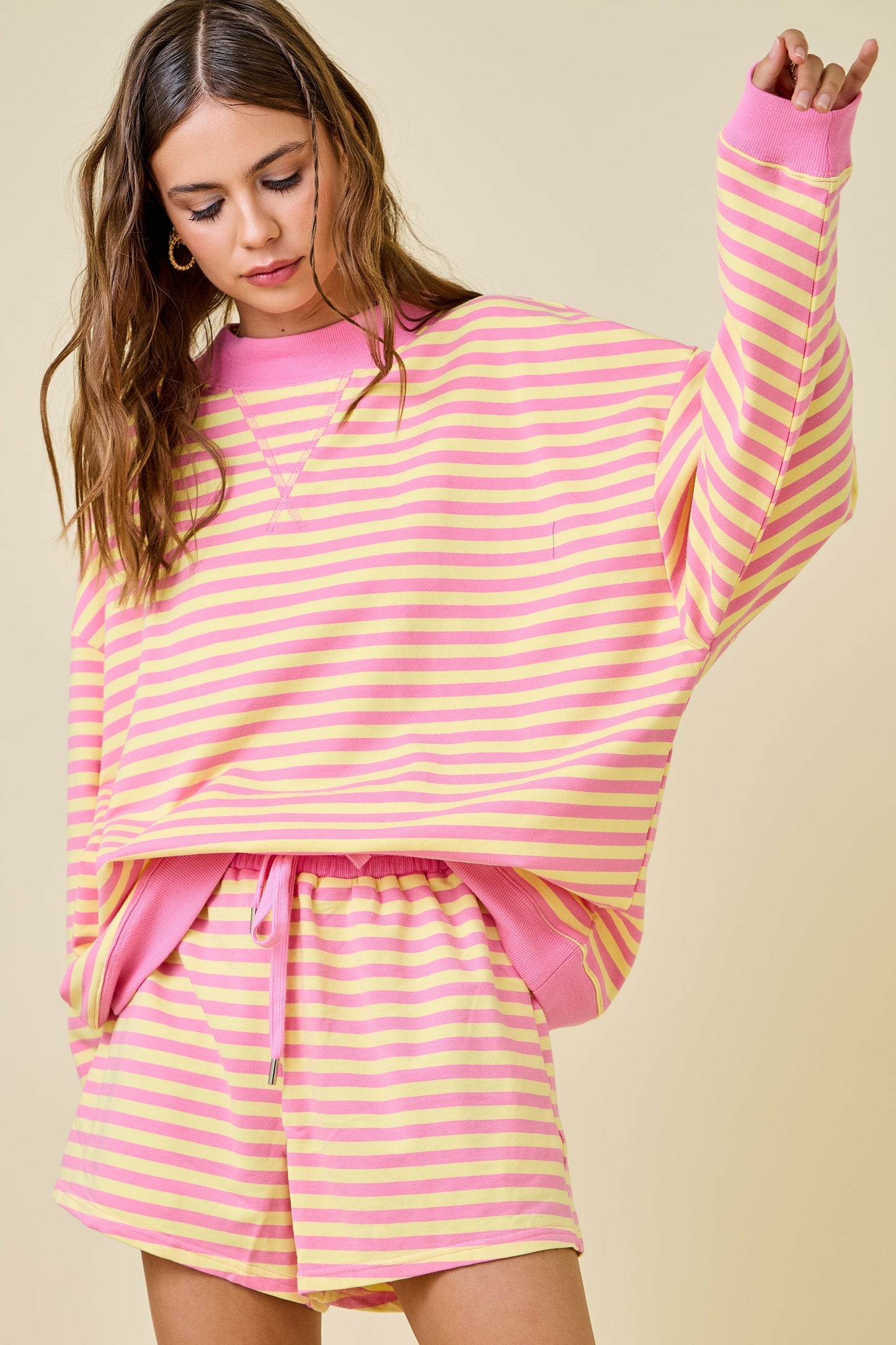 Mock Neck Striped Terry Lounge Sweatshirt - Pink Lemonade
