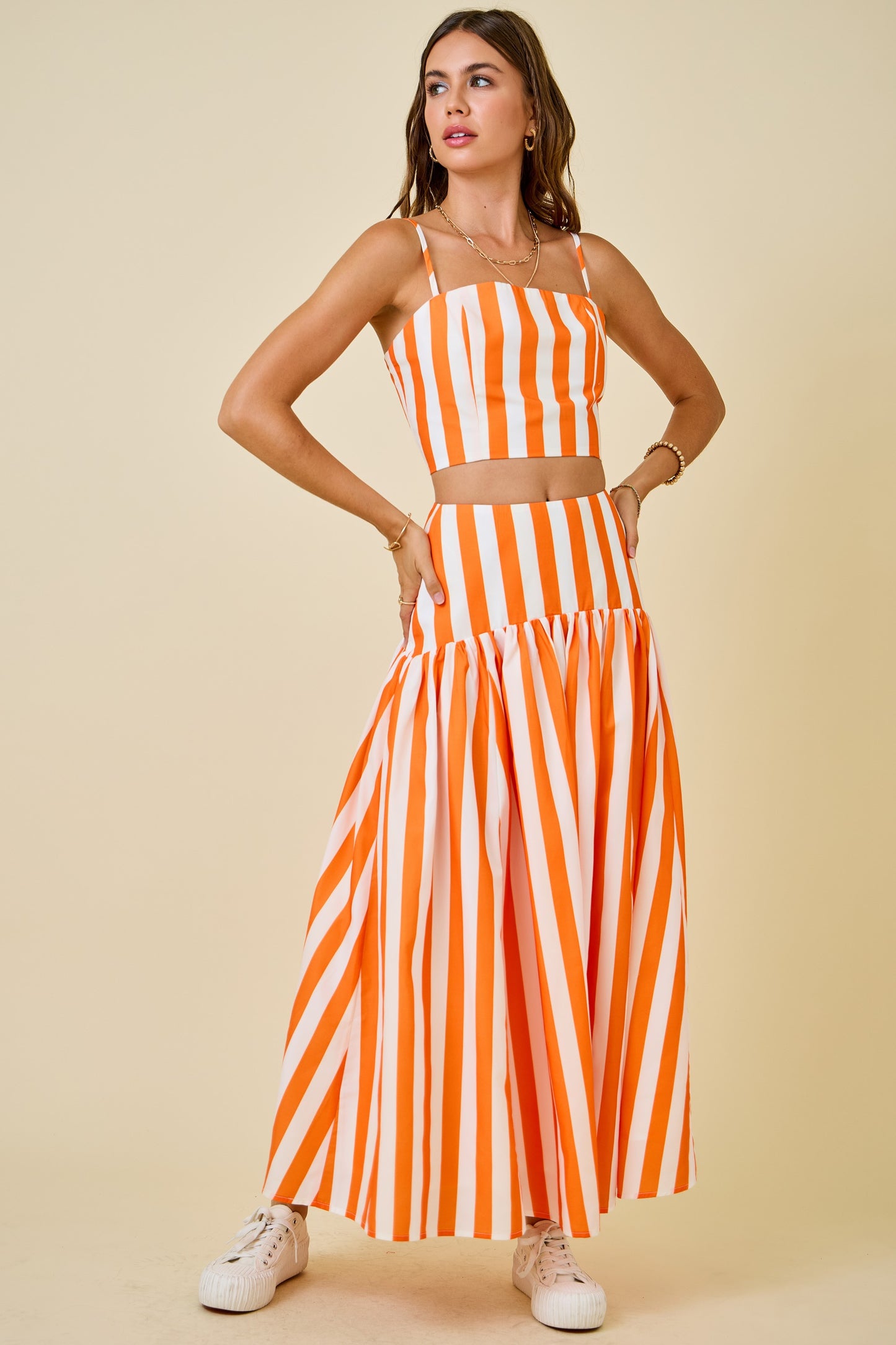 Flared Maxi Skirt with Curved Yoke - Orange Stripe