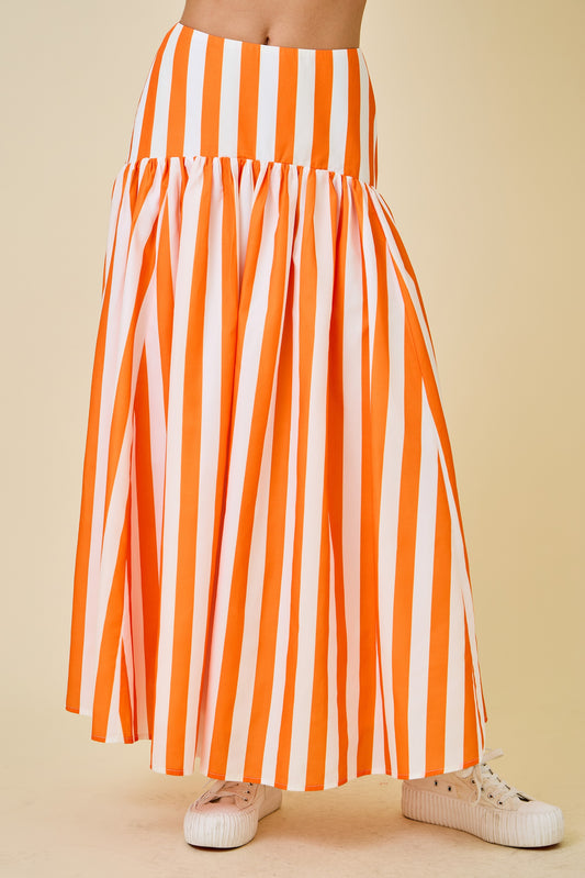 Flared Maxi Skirt with Curved Yoke - Orange Stripe
