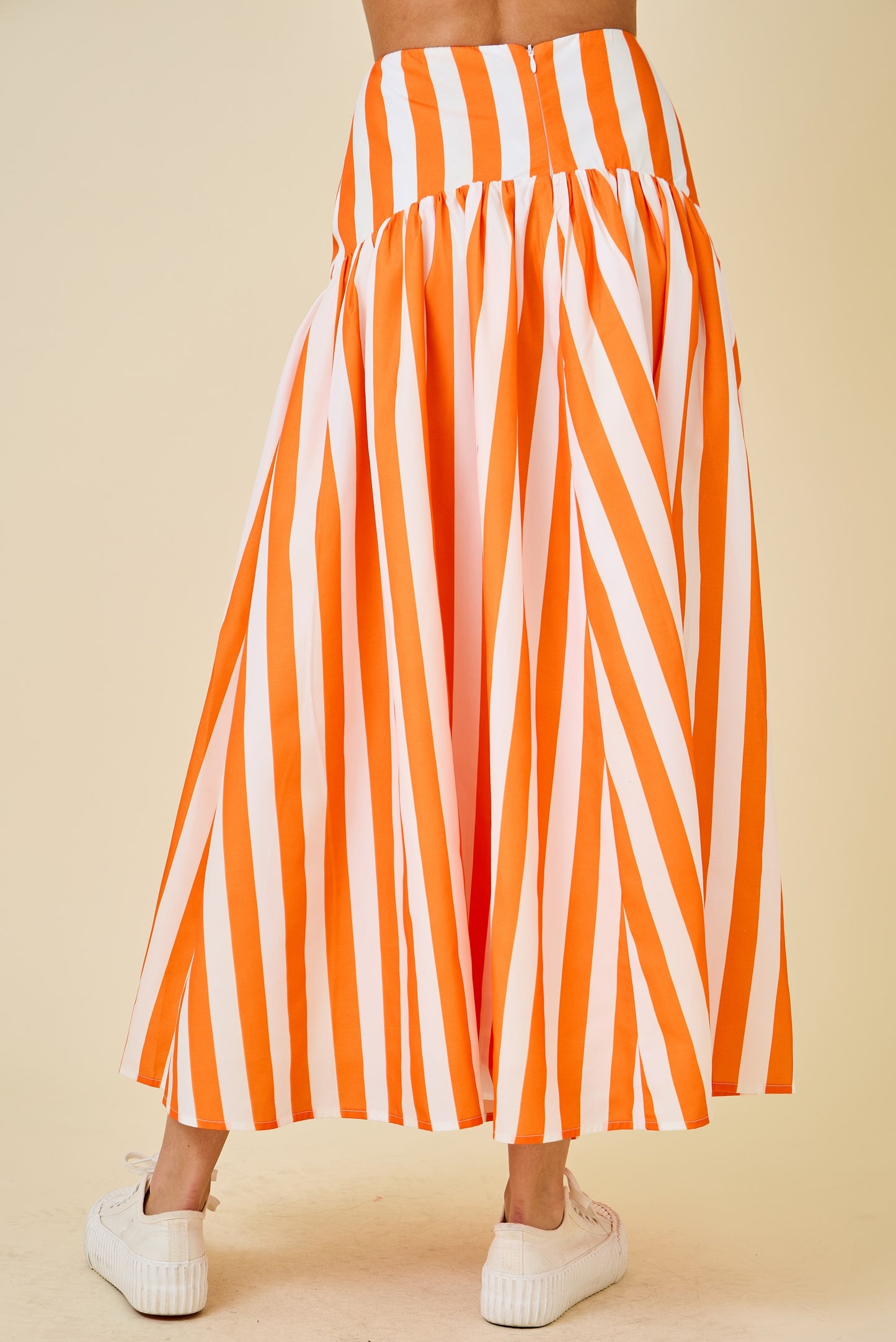 Flared Maxi Skirt with Curved Yoke - Orange Stripe