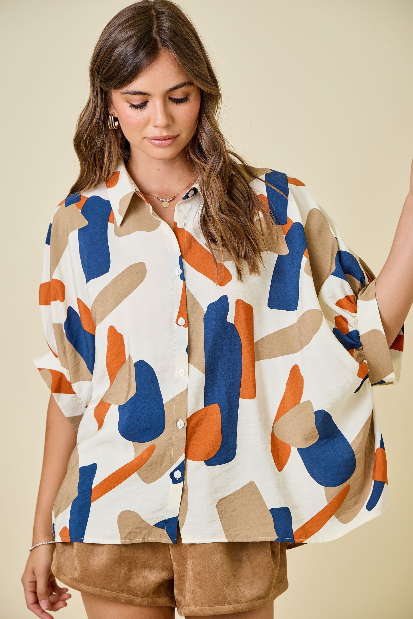 Oversized Geometric Print Button Down Shirt - Cream/Rust/Navy