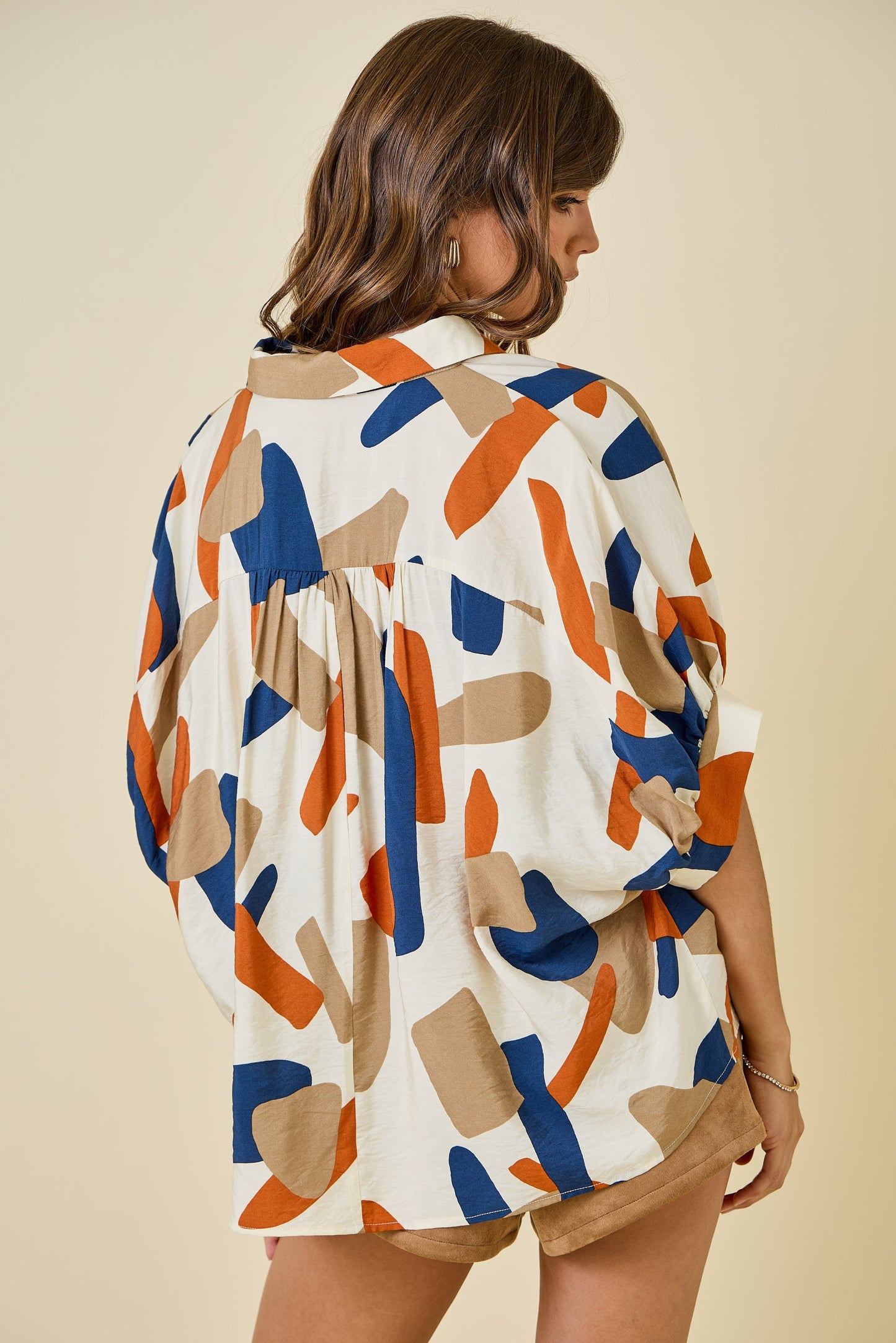 Oversized Geometric Print Button Down Shirt - Cream/Rust/Navy