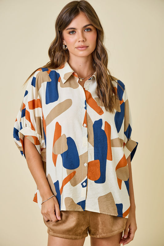 Oversized Geometric Print Button Down Shirt - Cream/Rust/Navy