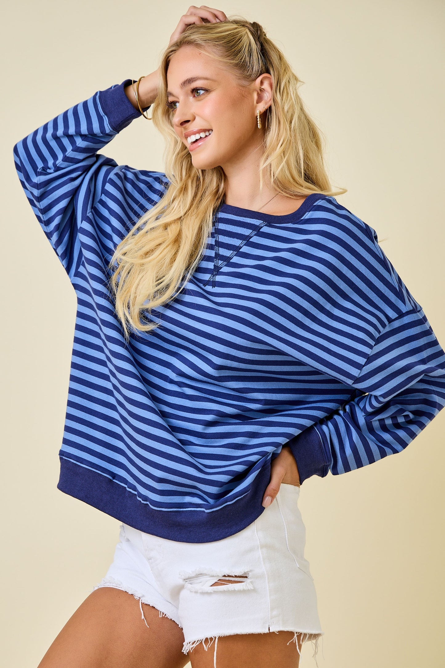 Oversized Stripe Knit Top - Navy/Blue