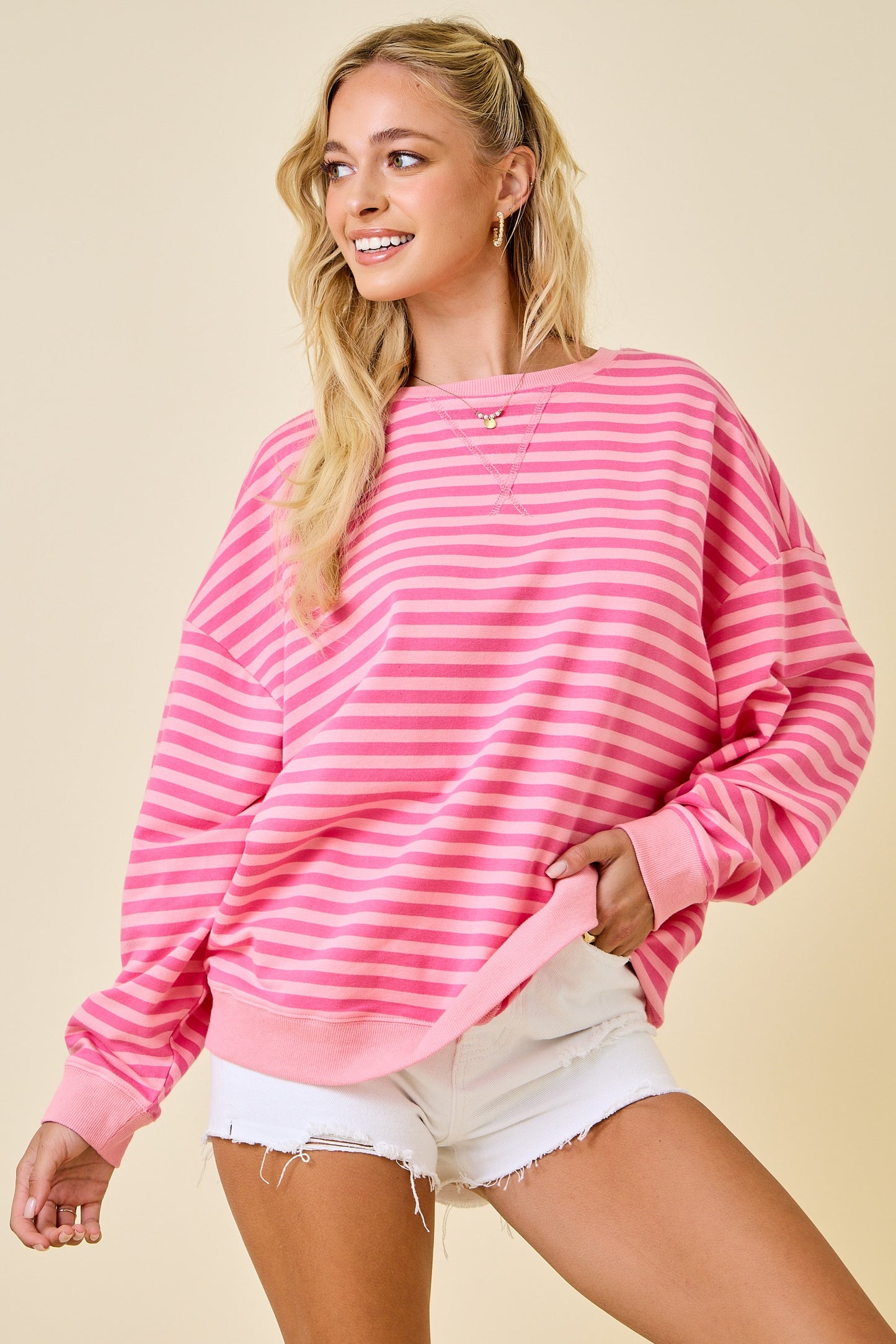 Oversized Stripe Knit Top - Pink/Light Pink