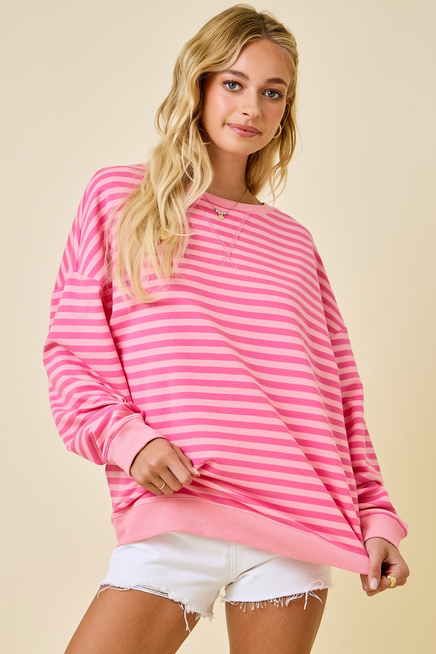 Oversized Stripe Knit Top - Pink/Light Pink
