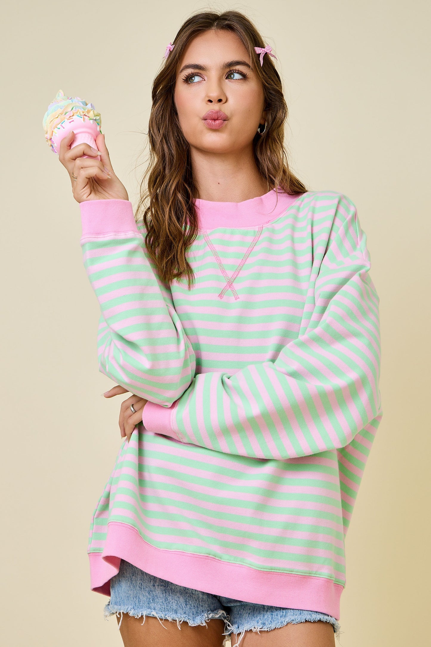 Mock Neck Striped Terry Lounge Sweatshirt - Pink/Mint