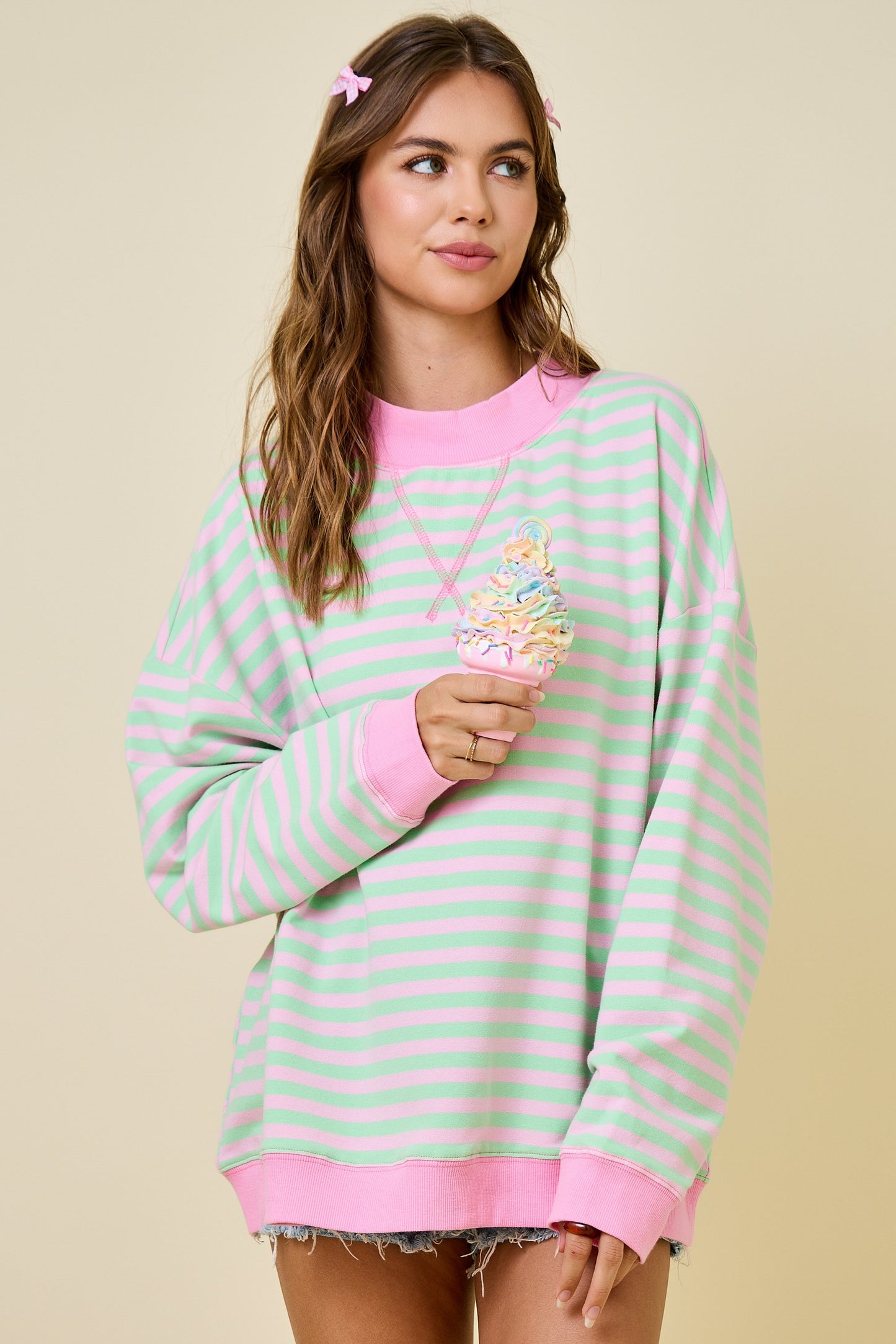 Mock Neck Striped Terry Lounge Sweatshirt - Pink/Mint