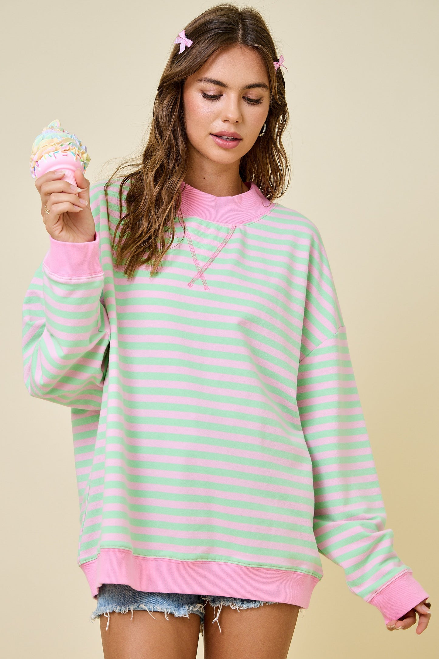 Mock Neck Striped Terry Lounge Sweatshirt - Pink/Mint