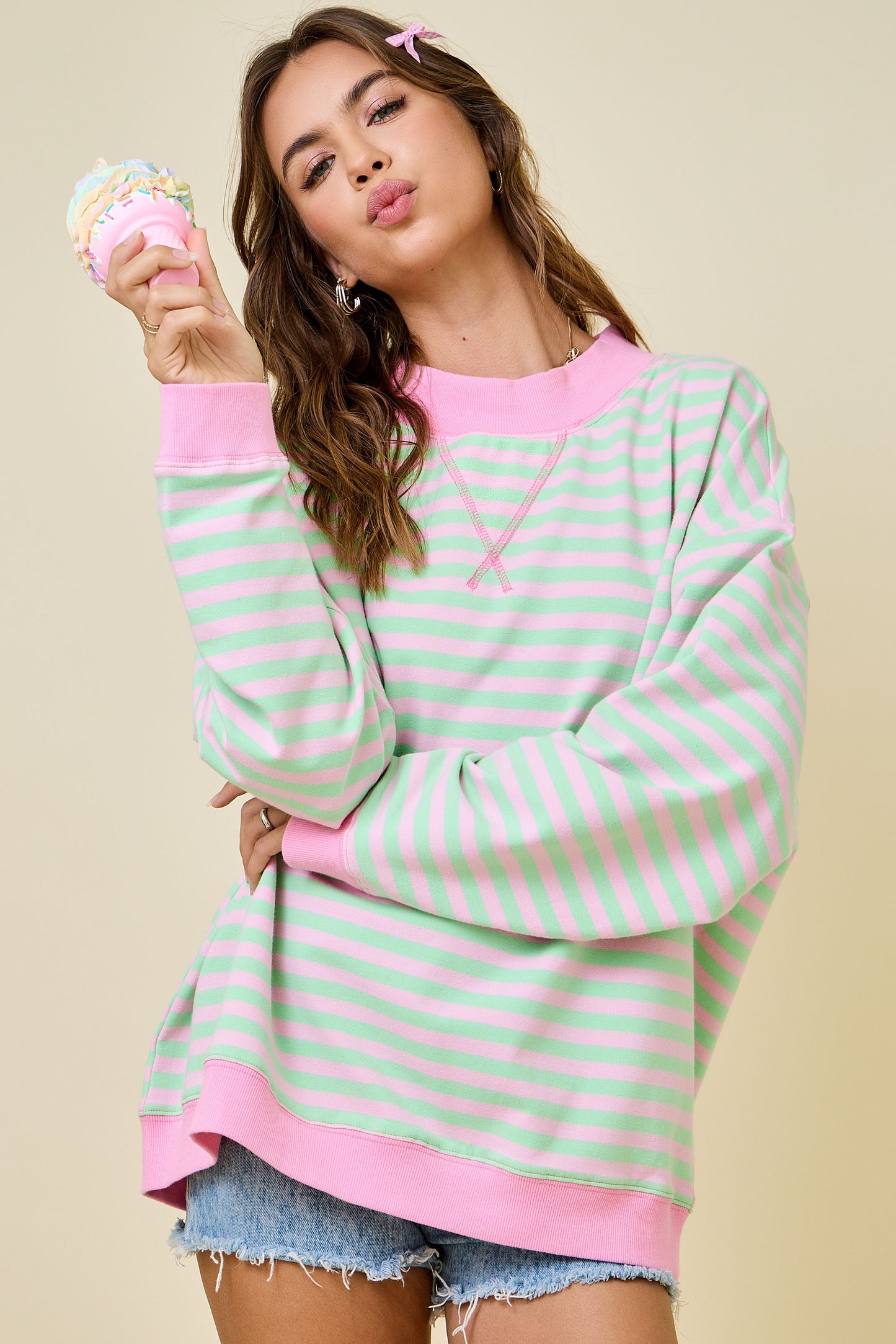 Mock Neck Striped Terry Lounge Sweatshirt - Pink/Mint
