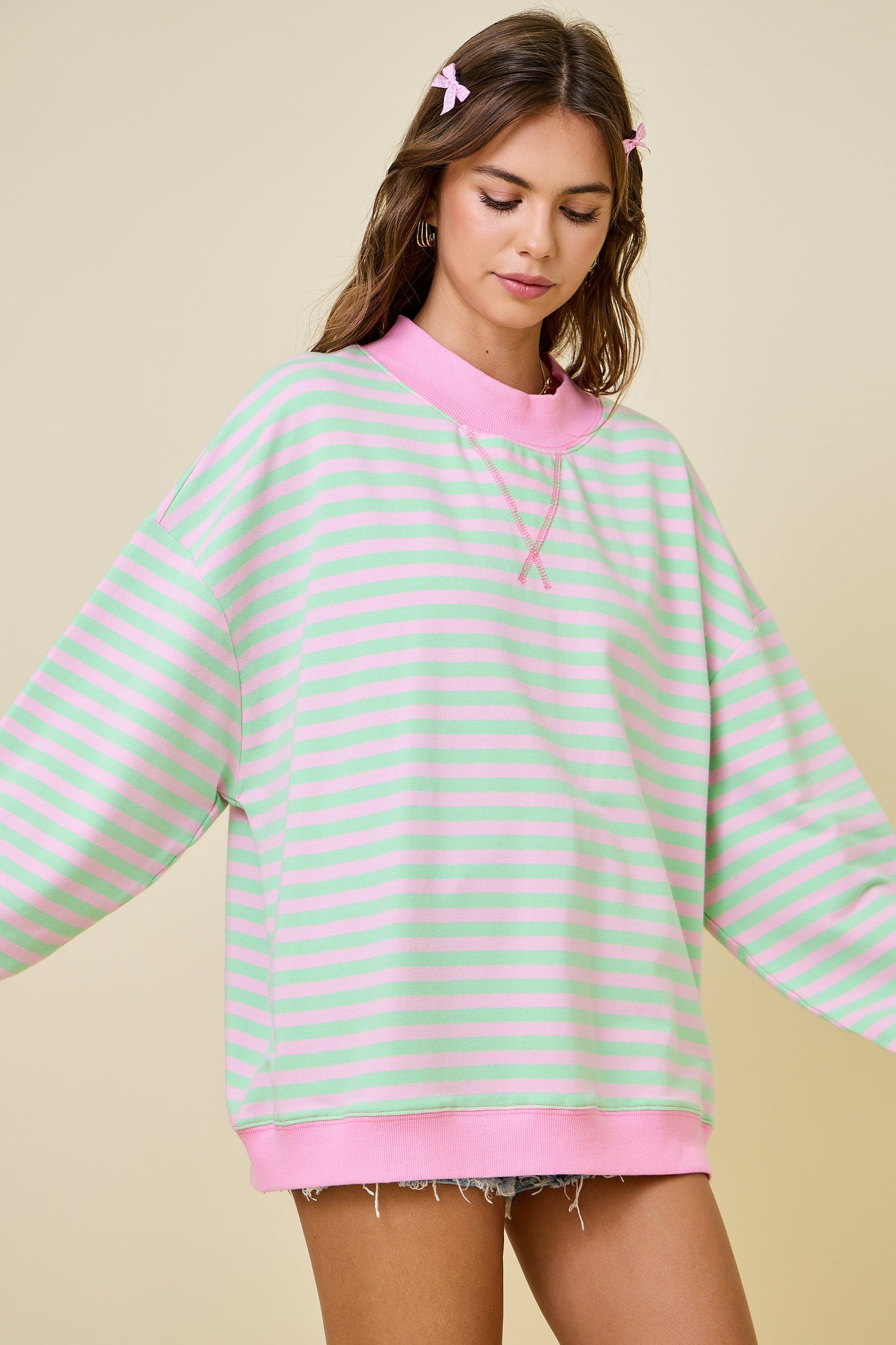 Mock Neck Striped Terry Lounge Sweatshirt - Pink/Mint