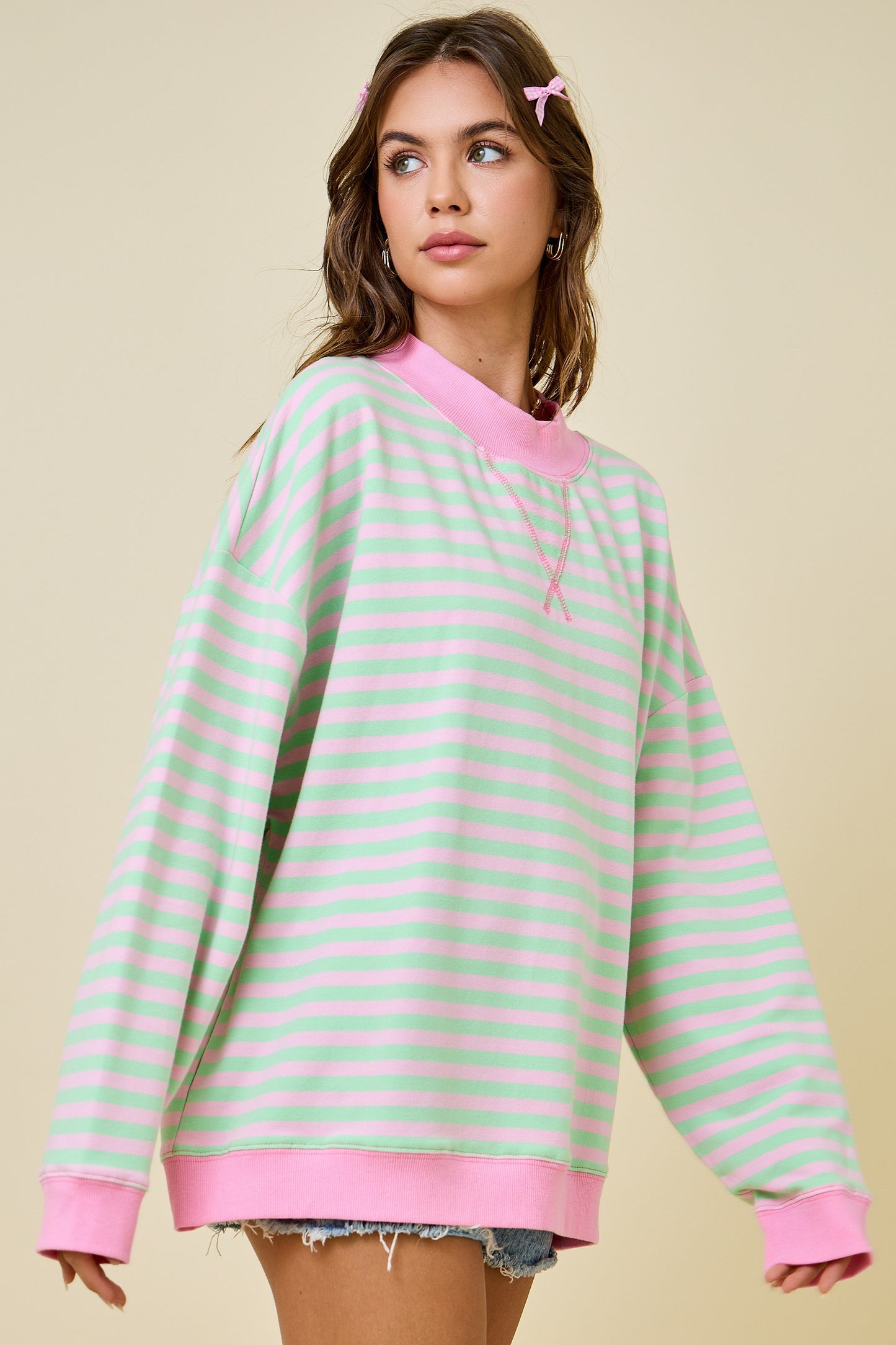 Mock Neck Striped Terry Lounge Sweatshirt - Pink/Mint