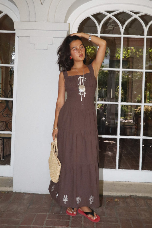 Tie Front Sea Life Maxi Dress - Chocolate