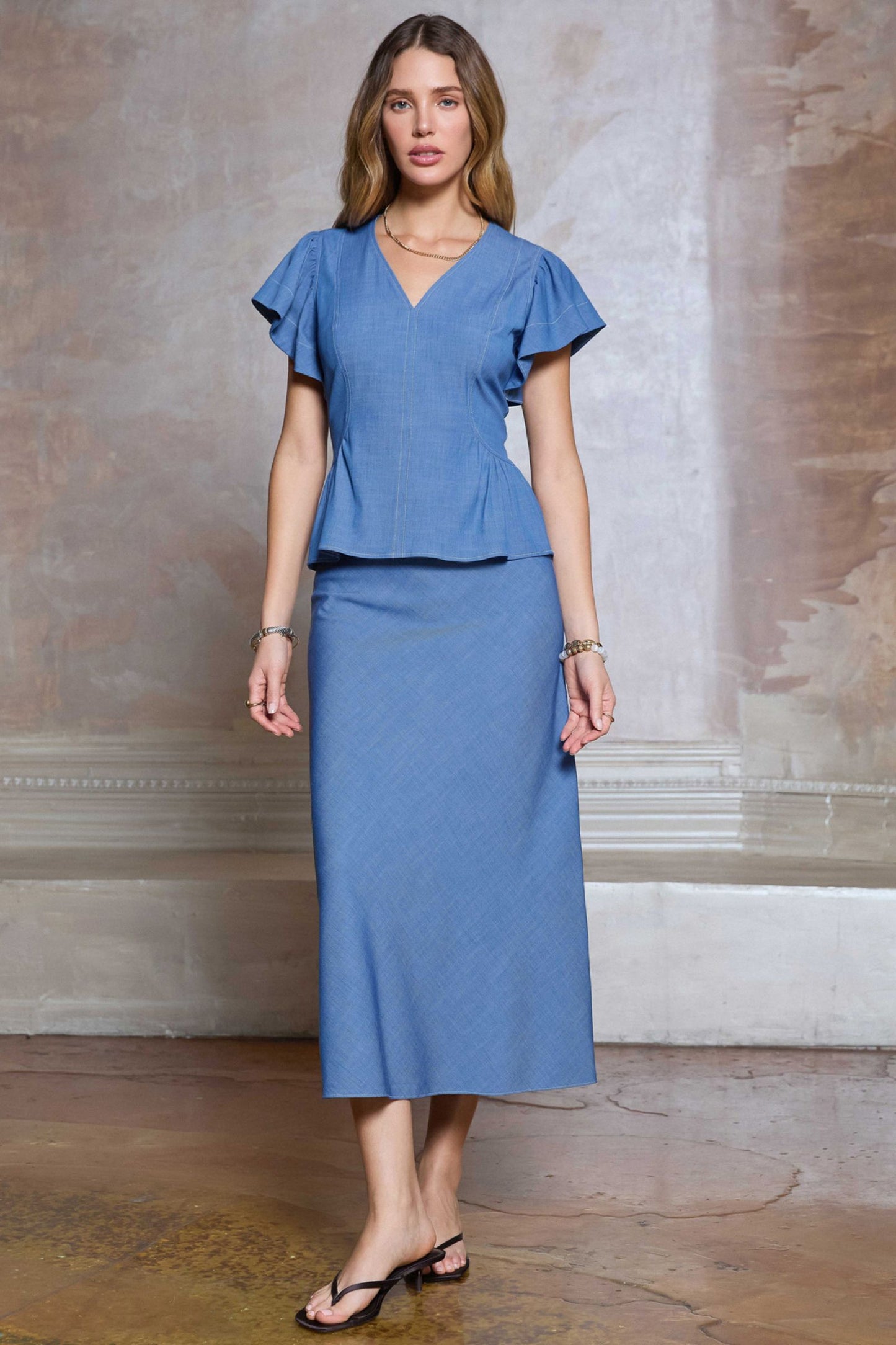 Voluminous Short Sleeve Peplum Blouse - Blue