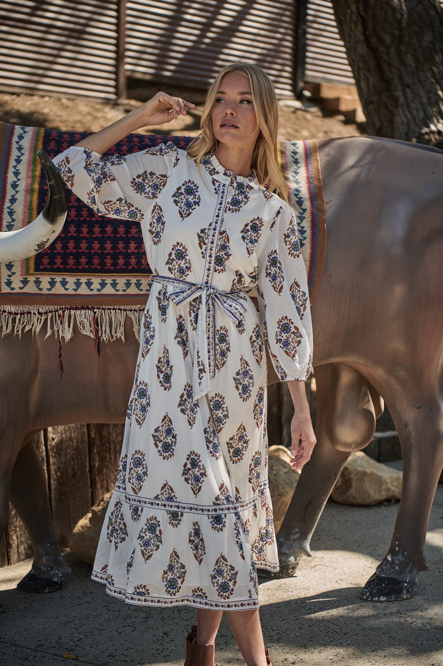 Rennie Floral Darny Long Sleeve Midi Dress - Cream/Navy