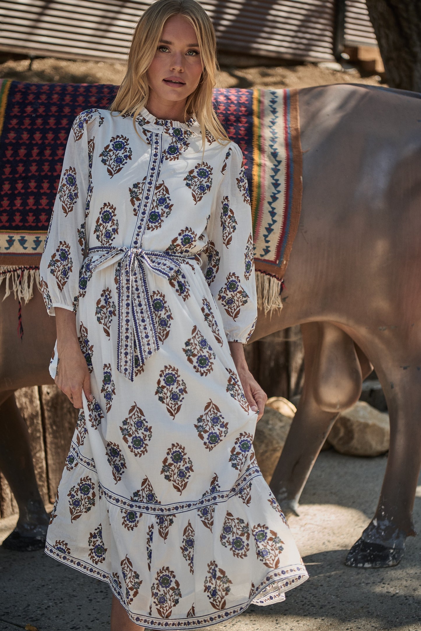Rennie Floral Darny Long Sleeve Midi Dress - Cream/Navy