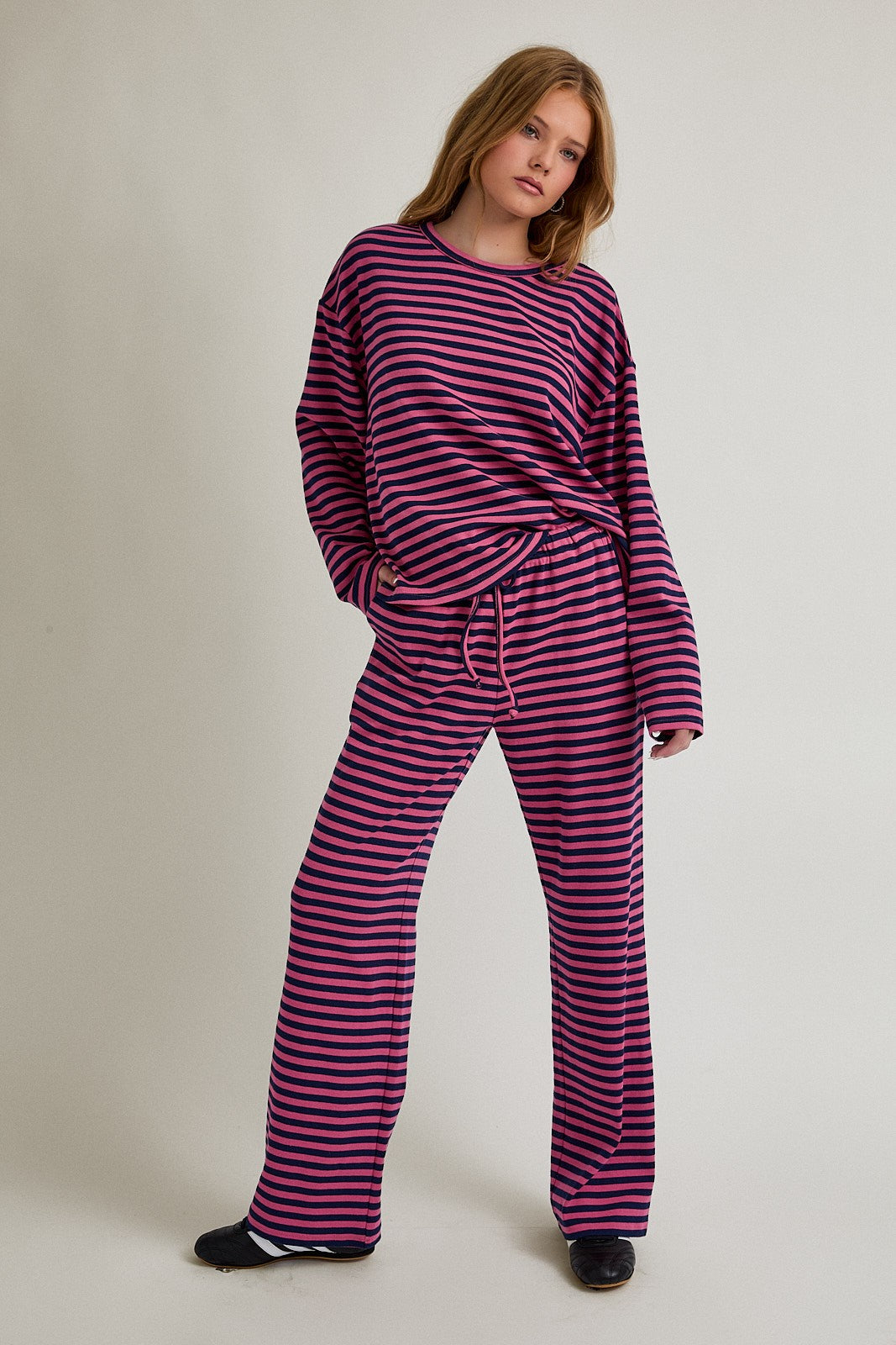 Round Neck Stripe Boxy Top & Wide Leg Pants - Pink/Navy