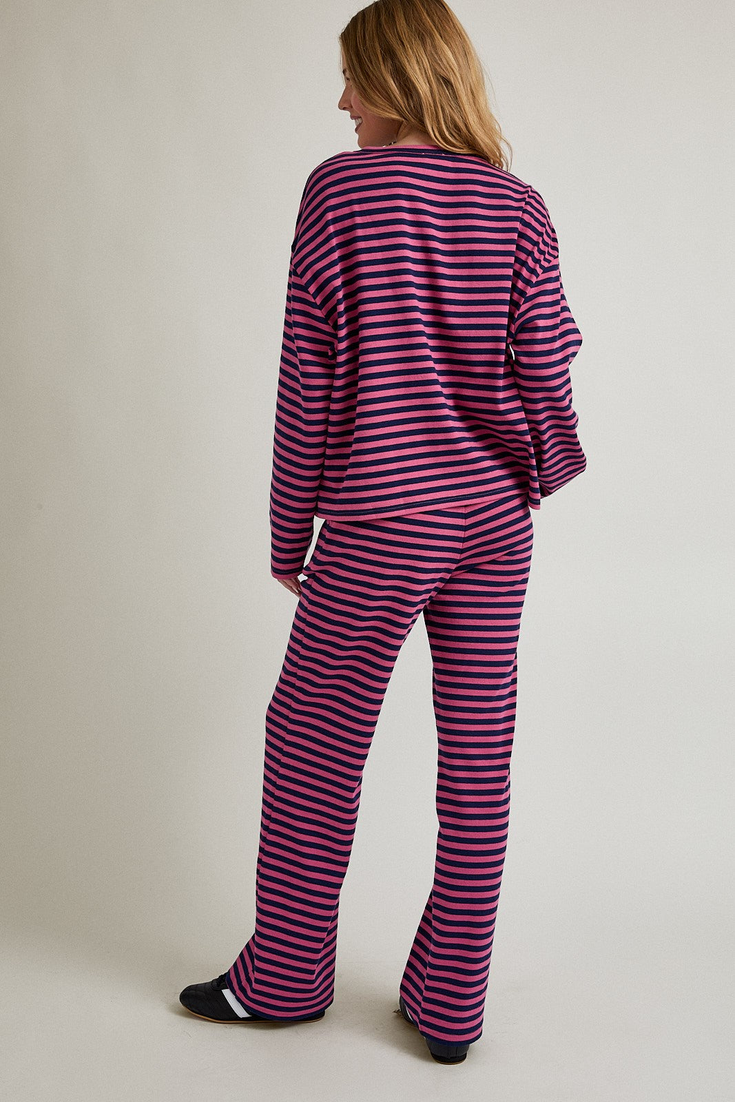 Round Neck Stripe Boxy Top & Wide Leg Pants - Pink/Navy