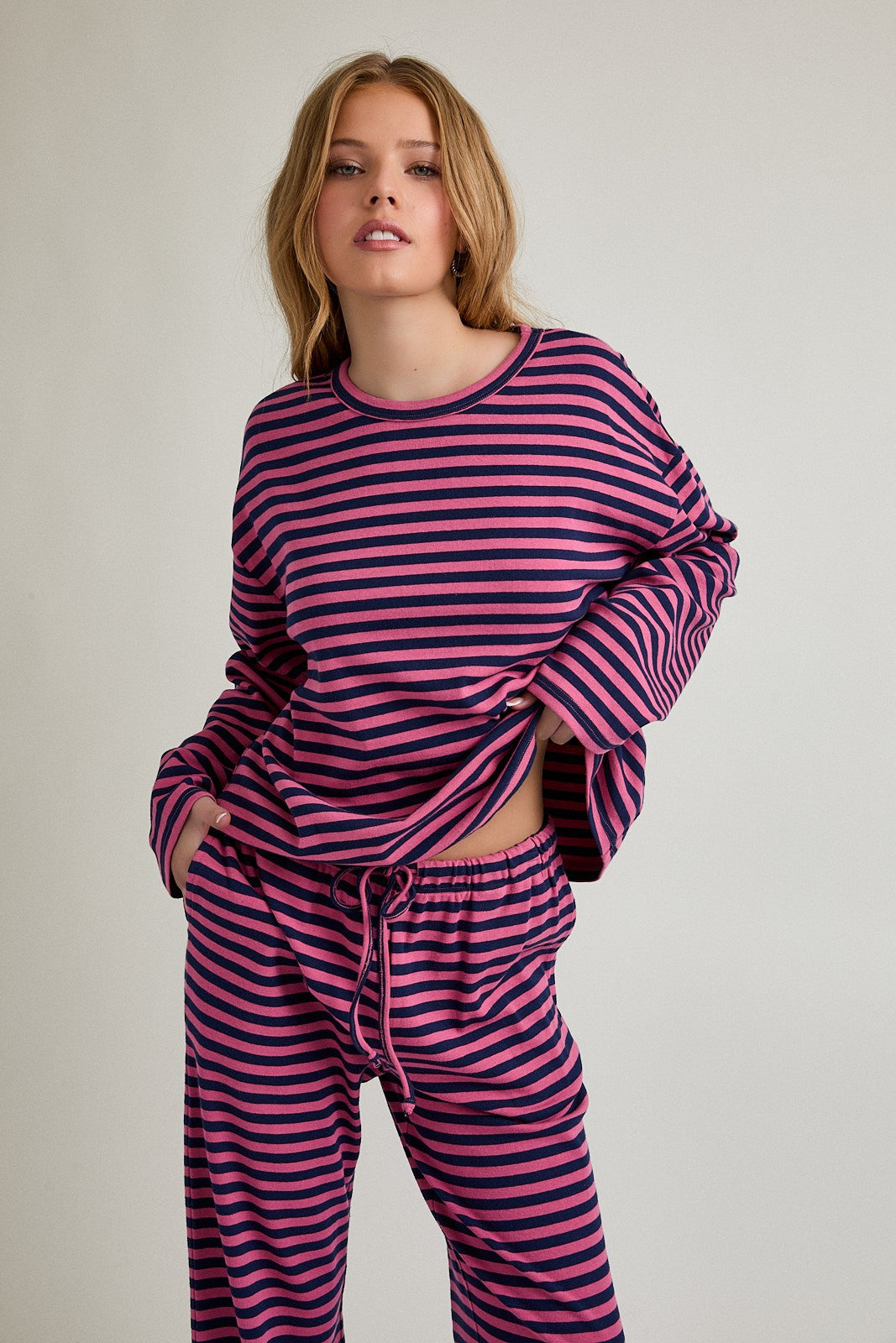 Round Neck Stripe Boxy Top & Wide Leg Pants - Pink/Navy