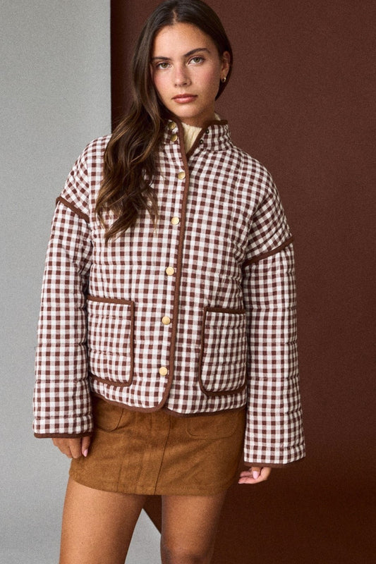 Gingham Quilted Jacket - Brown