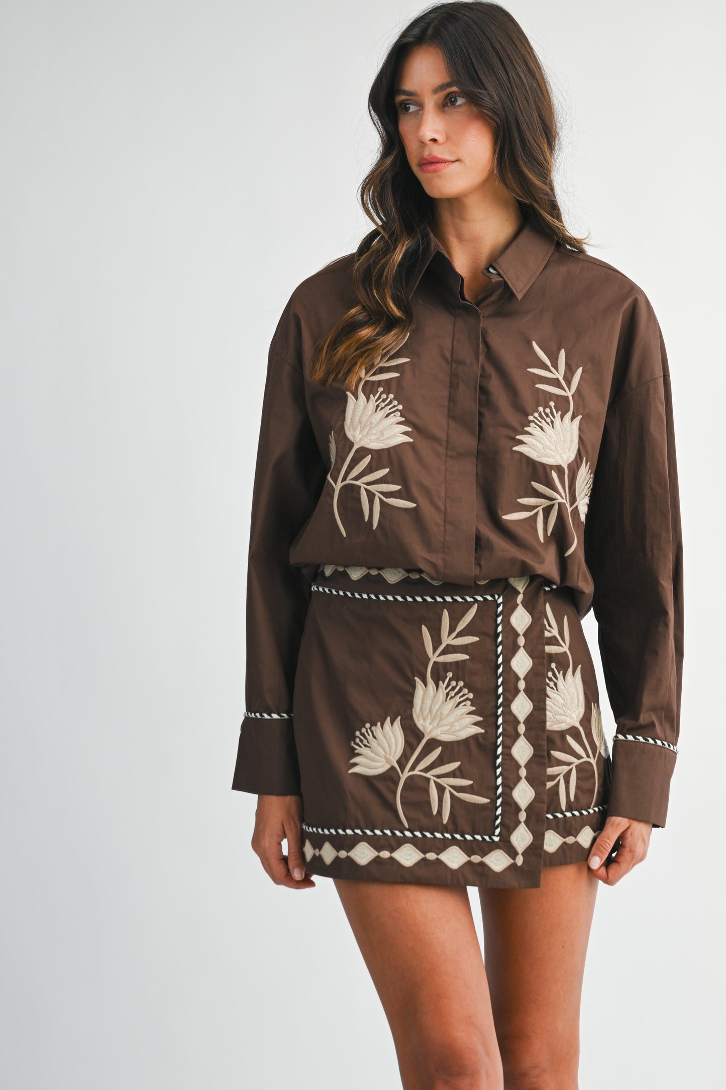 Embroidered Button Shirt And Mini Skirt Set - Brown