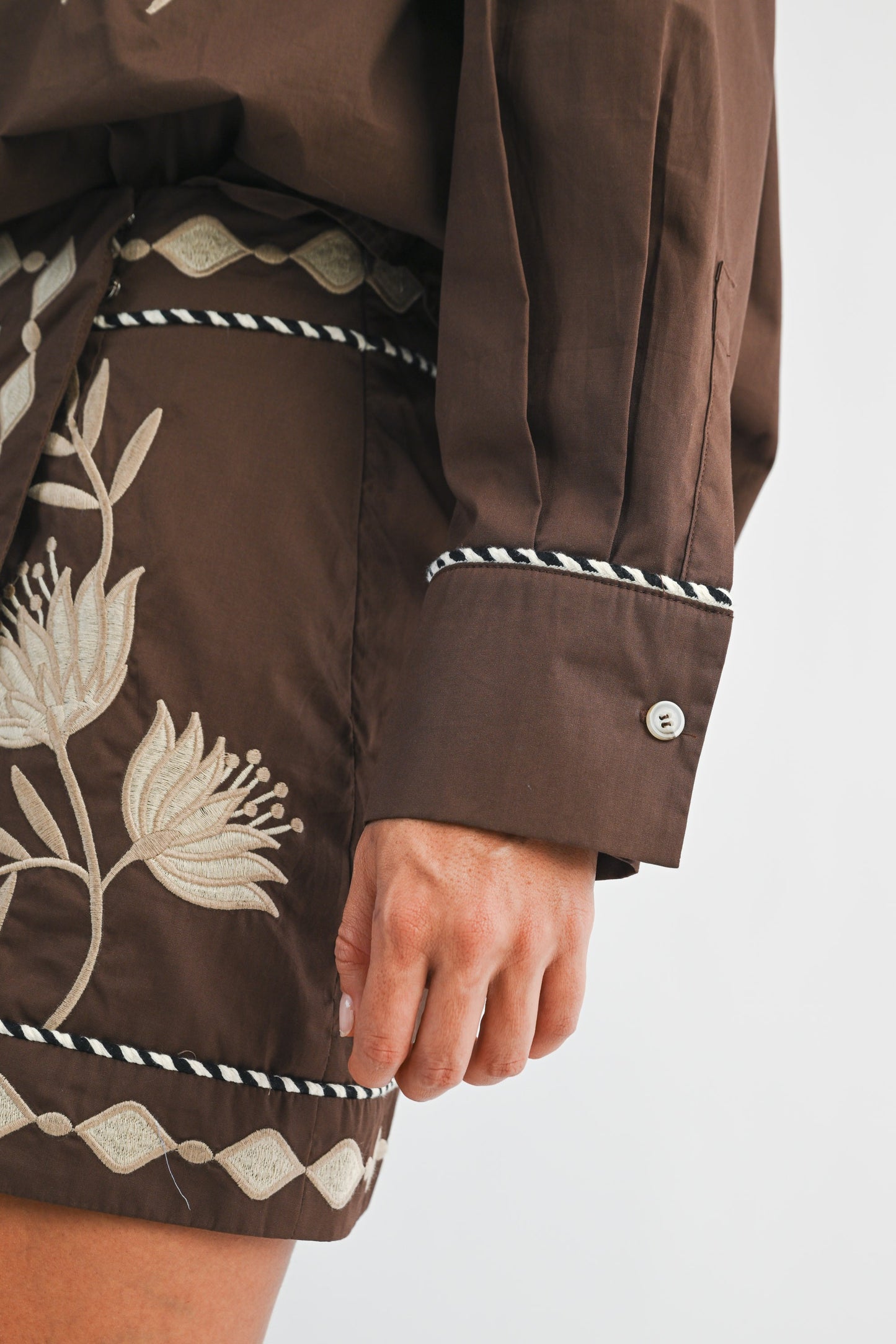 Embroidered Button Shirt And Mini Skirt Set - Brown