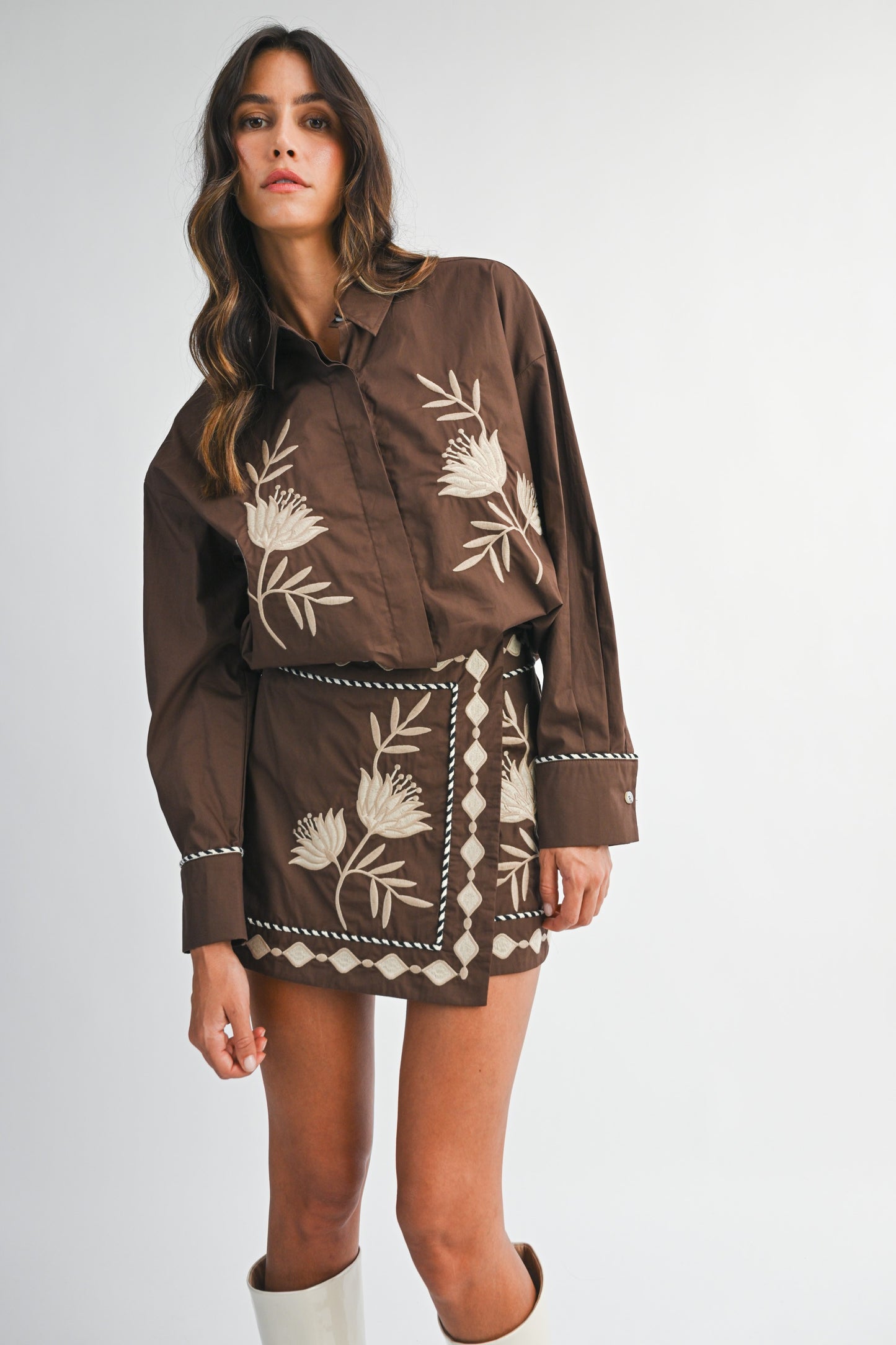 Embroidered Button Shirt And Mini Skirt Set - Brown