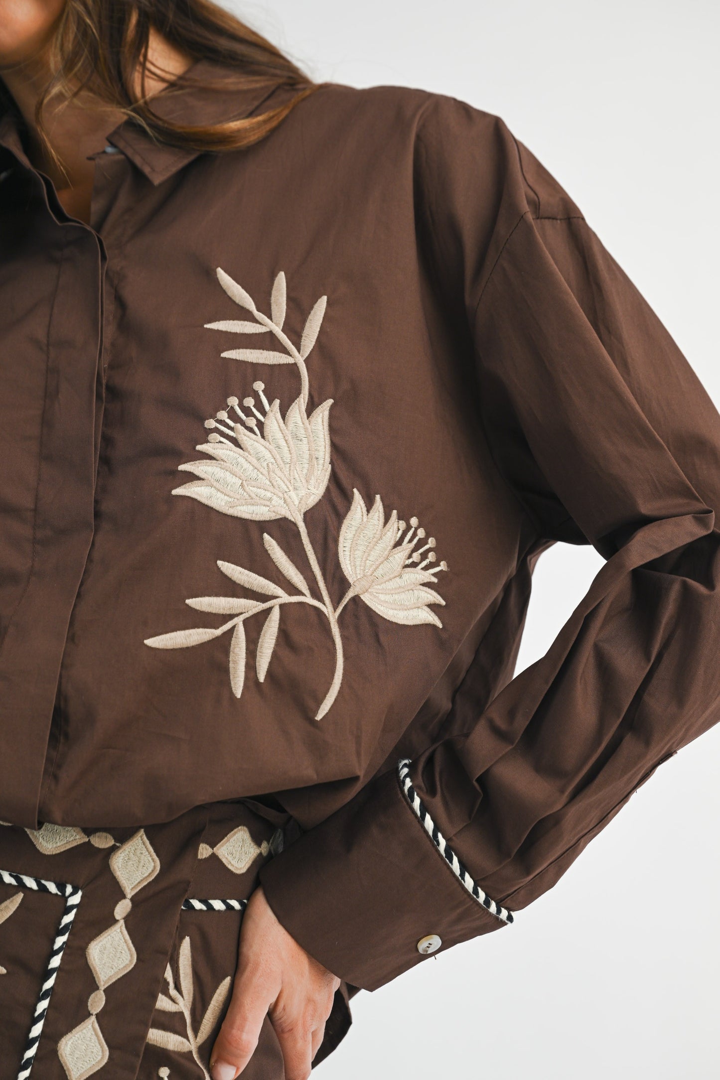 Embroidered Button Shirt And Mini Skirt Set - Brown