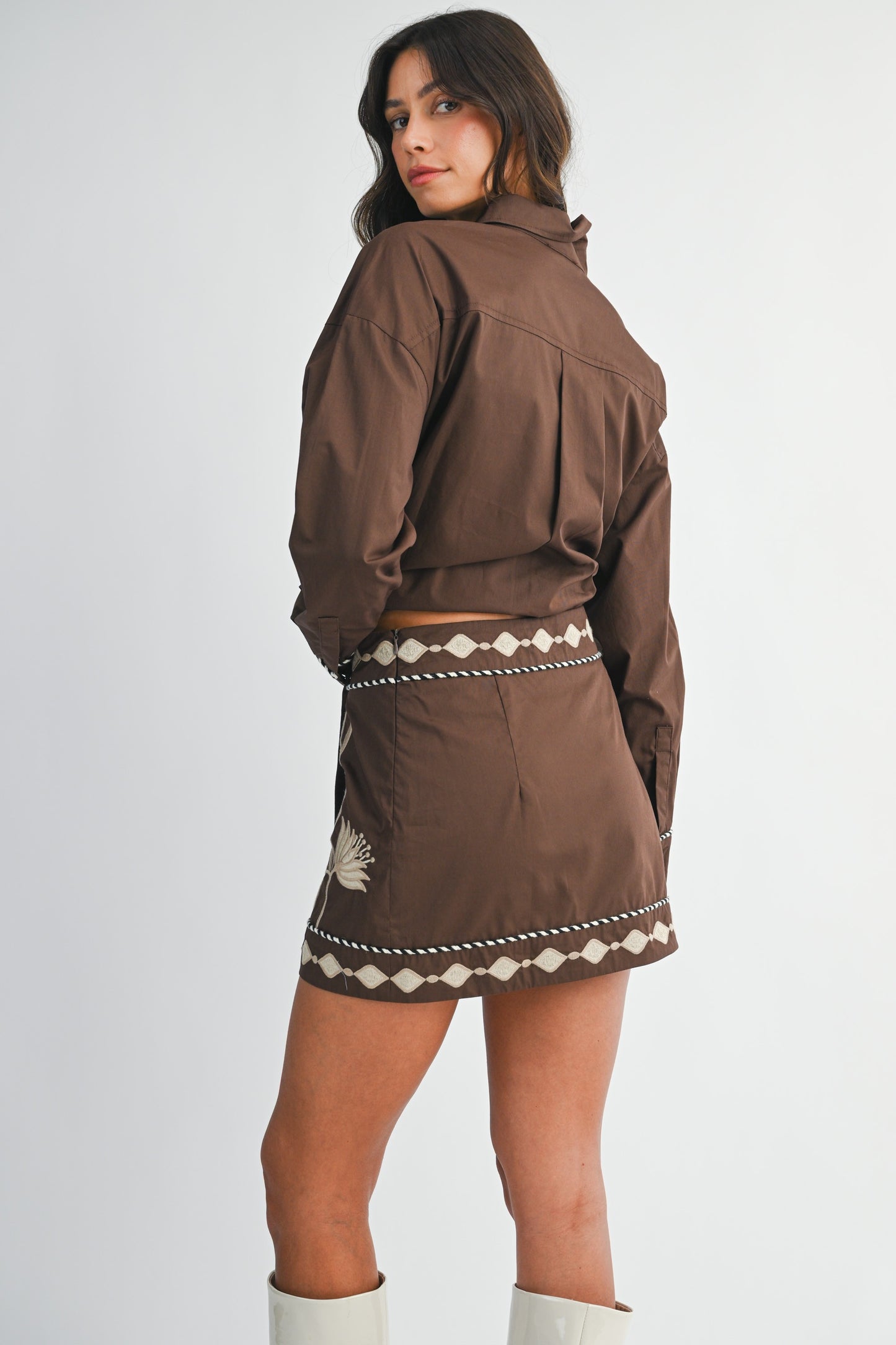 Embroidered Button Shirt And Mini Skirt Set - Brown