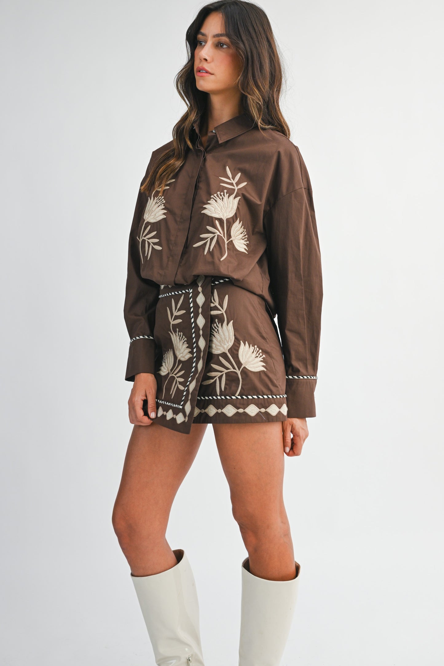 Embroidered Button Shirt And Mini Skirt Set - Brown