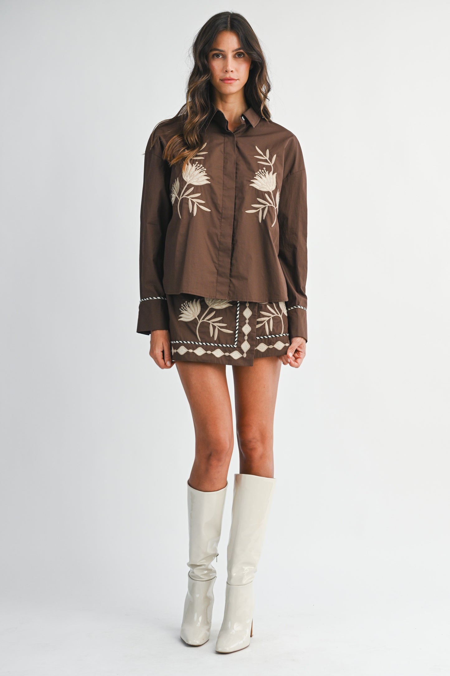 Embroidered Button Shirt And Mini Skirt Set - Brown