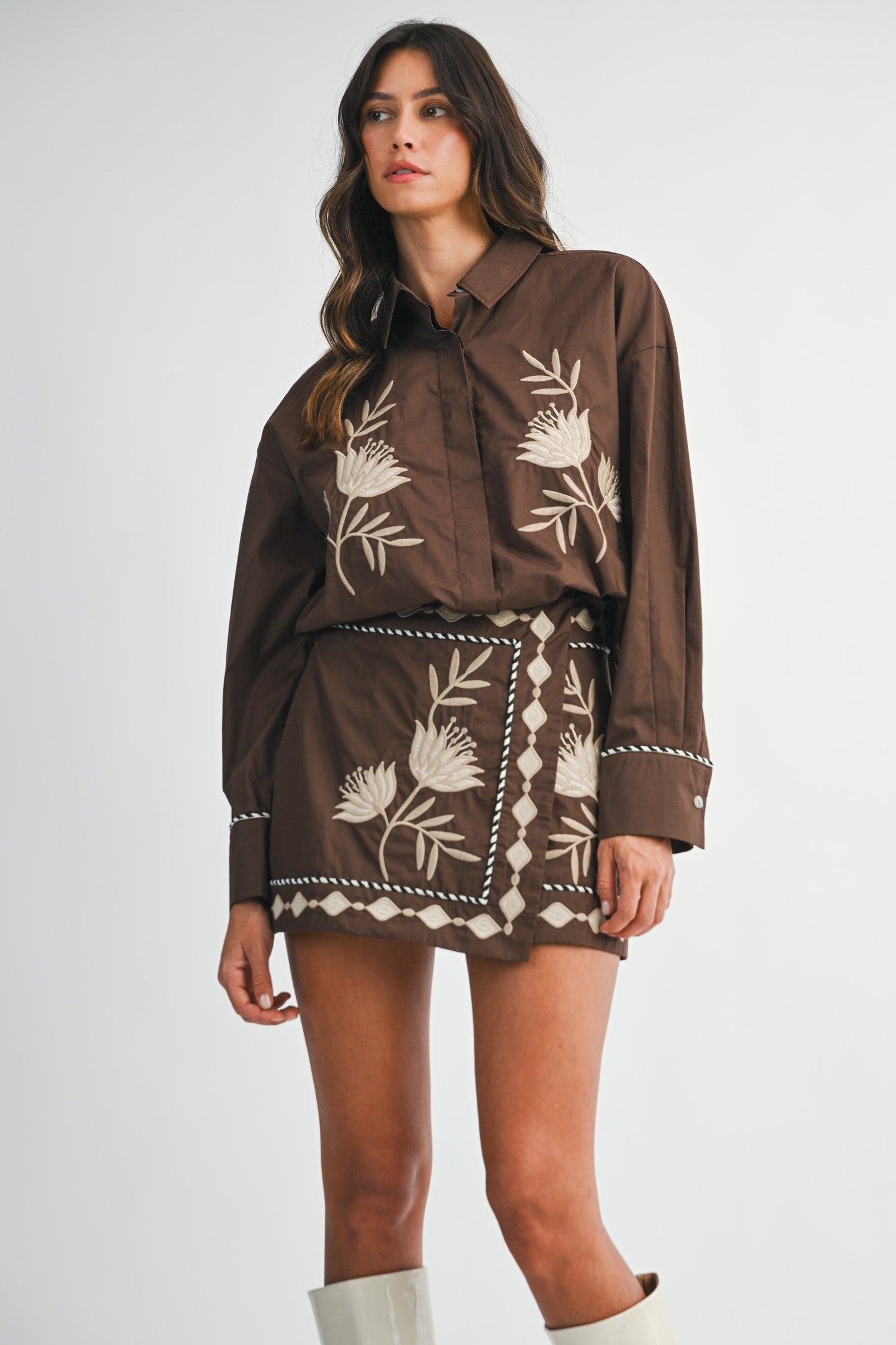 Embroidered Button Shirt And Mini Skirt Set - Brown