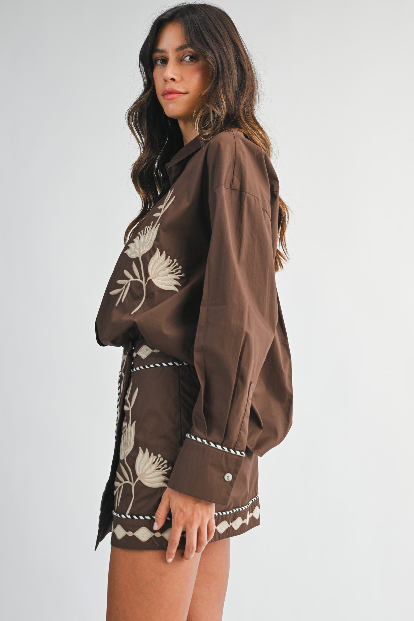 Embroidered Button Shirt And Mini Skirt Set - Brown