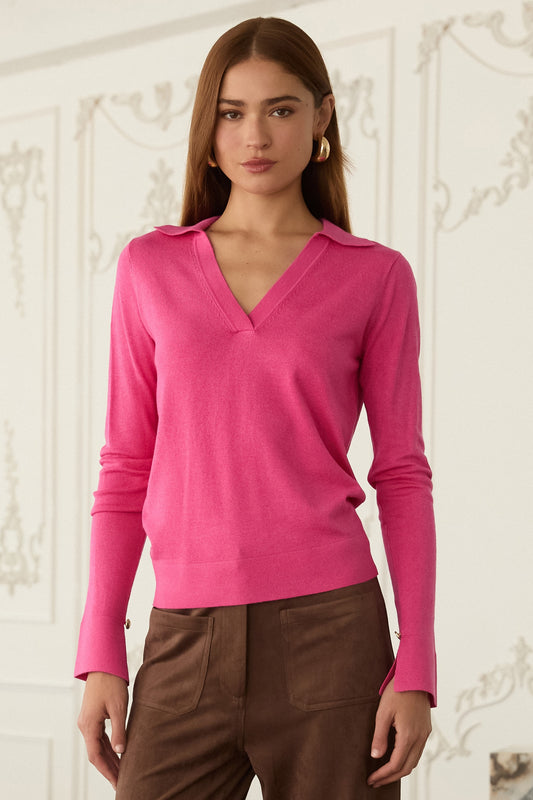 Long Sleeve Polo Knit Top - Hot Pink