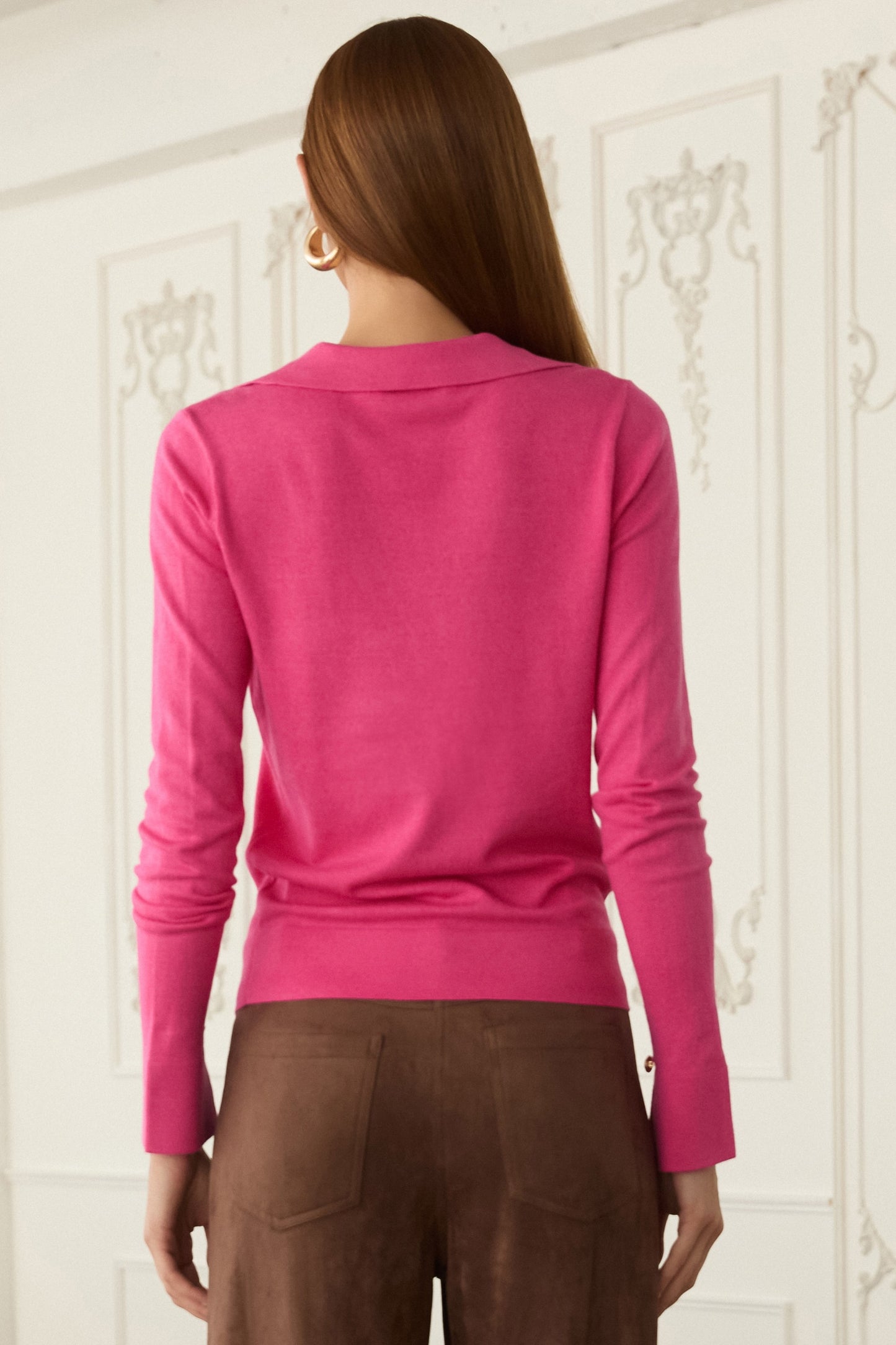 Long Sleeve Polo Knit Top - Hot Pink