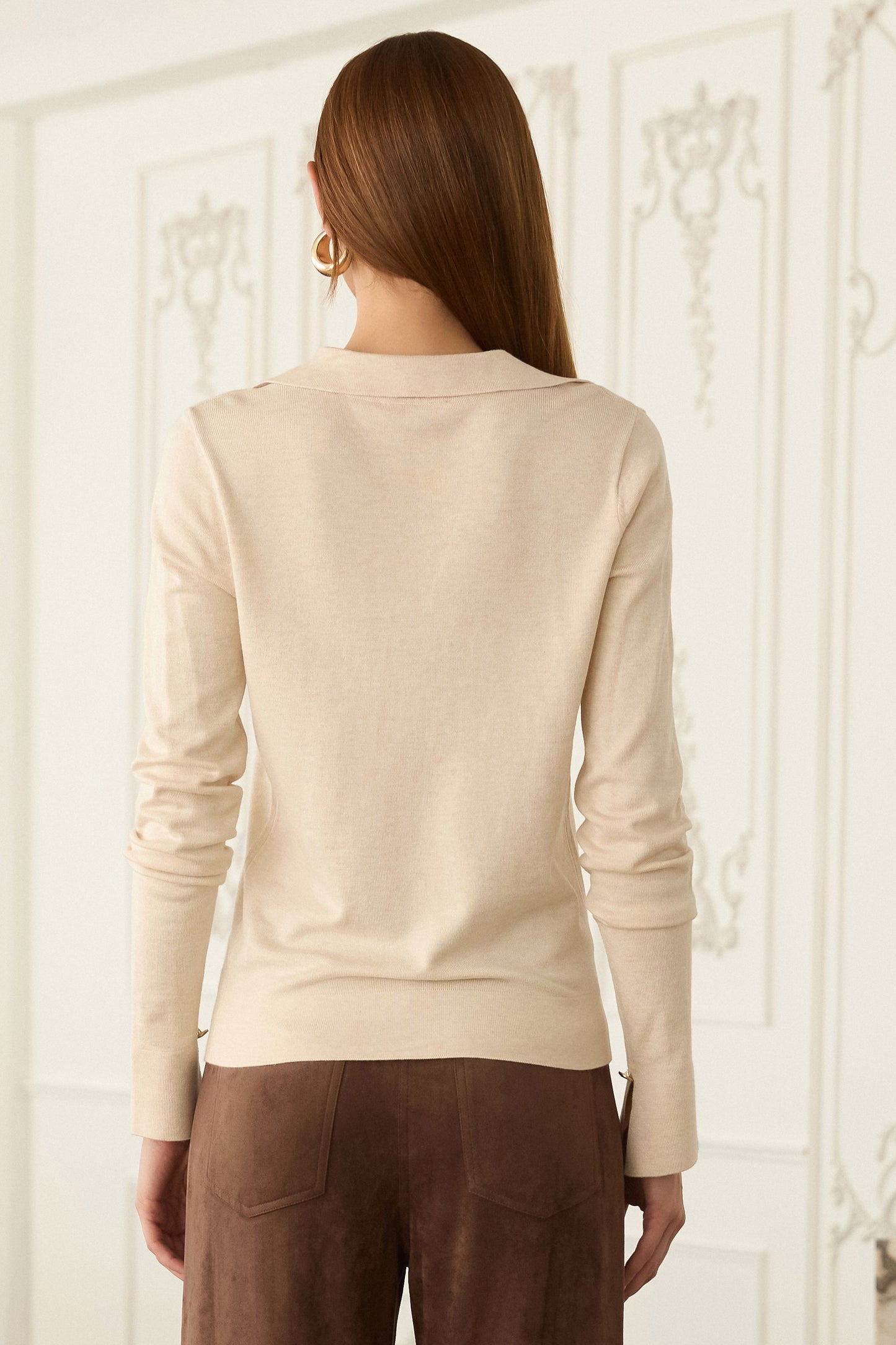 Long Sleeve Polo Knit Top - Cream