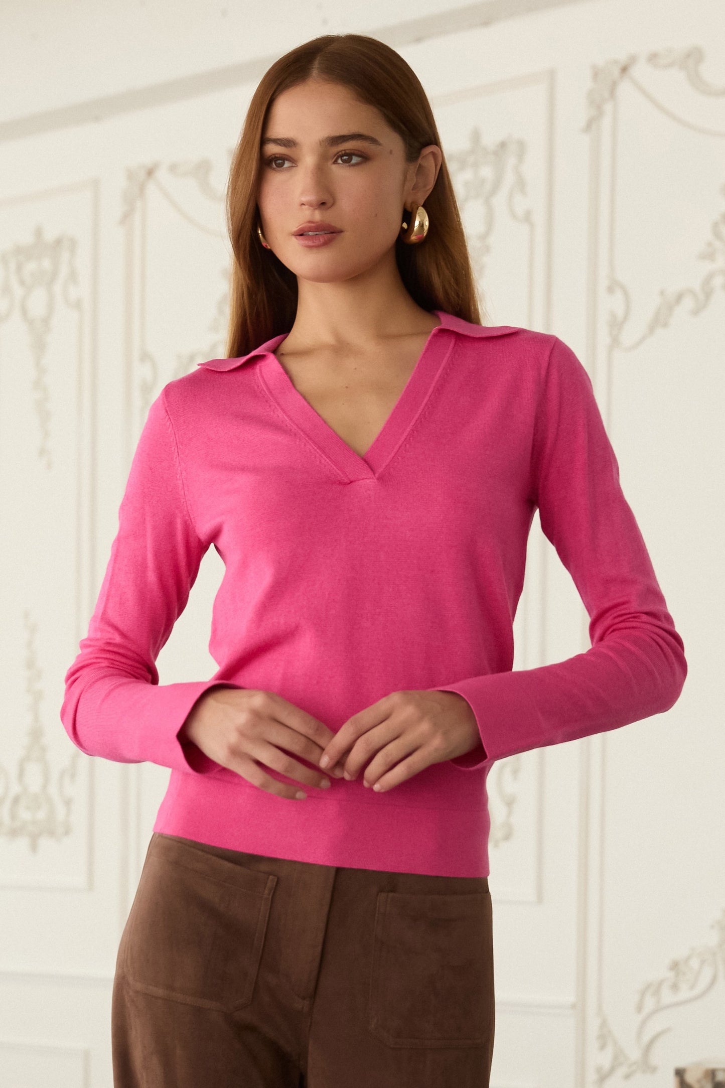 Long Sleeve Polo Knit Top - Hot Pink