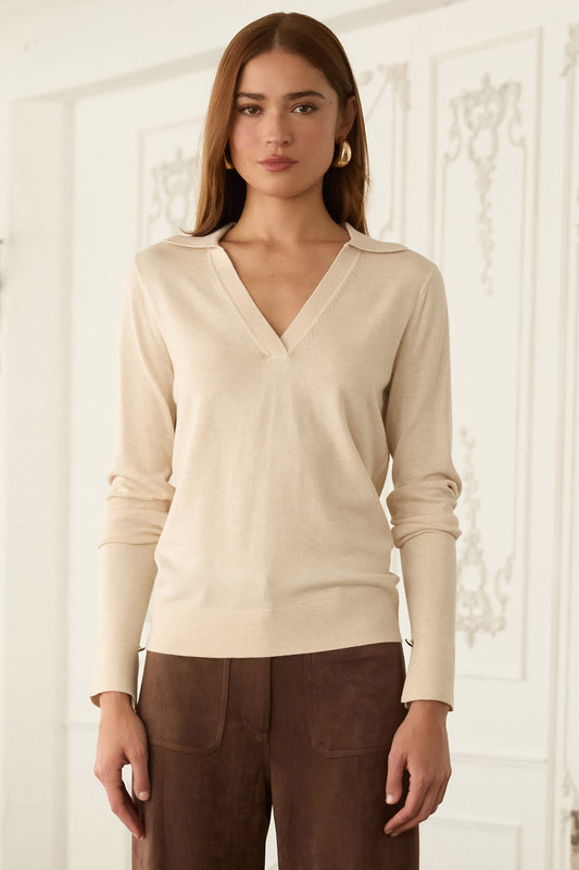 Long Sleeve Polo Knit Top - Cream