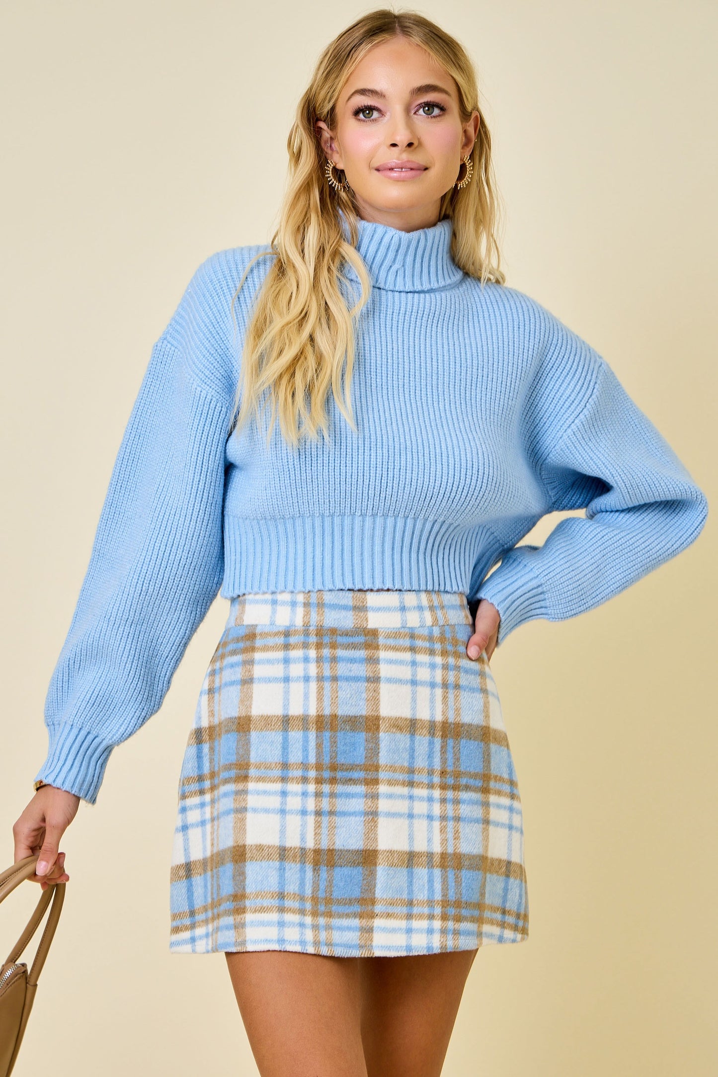 Cropped Turtleneck Ribbed Knit Sweater Top - Blue