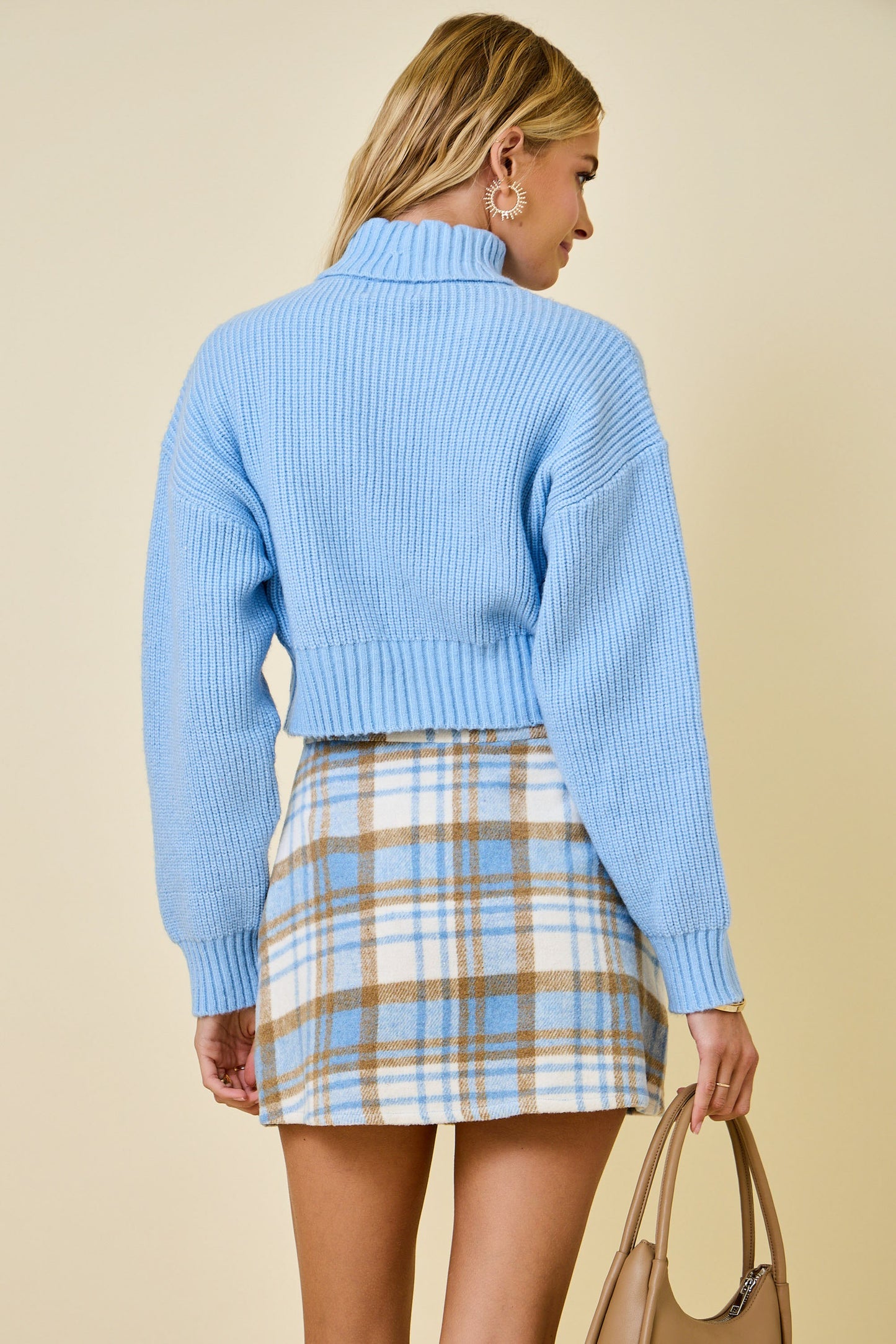 Cropped Turtleneck Ribbed Knit Sweater Top - Blue