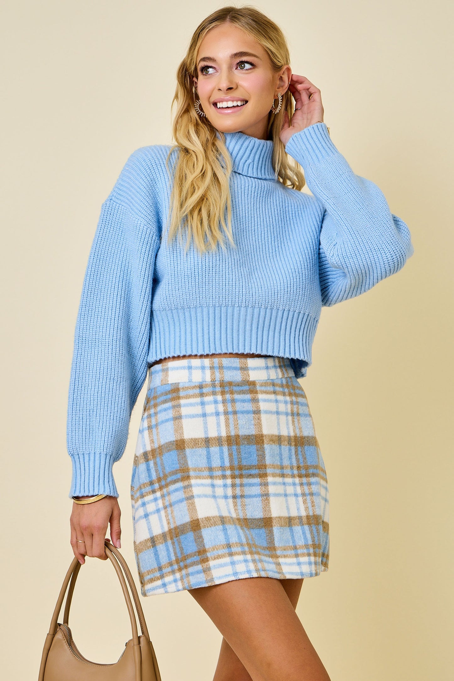 Cropped Turtleneck Ribbed Knit Sweater Top - Blue